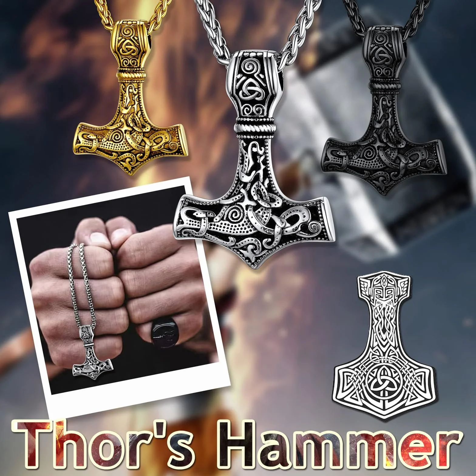 Łańcuszek na szyję z młotem Thor, wisiorek z motywem młota Thor, z celtyckim węzłem, lina wikingów, dla mężczyzn, łańcuszek 60 cm, Stal nierdzewna