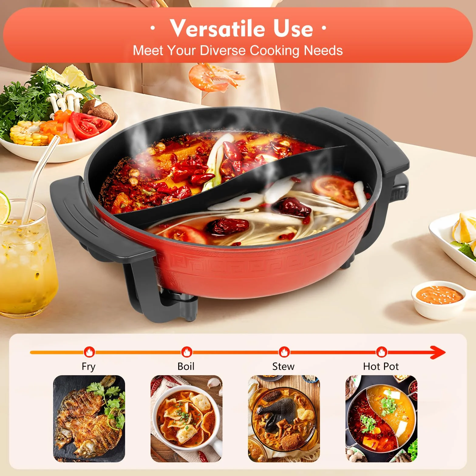 1360 W Hot Pot, elektryczny garnek nieprzywierający z 2 komorami, patelnia typu wok Yin Yang