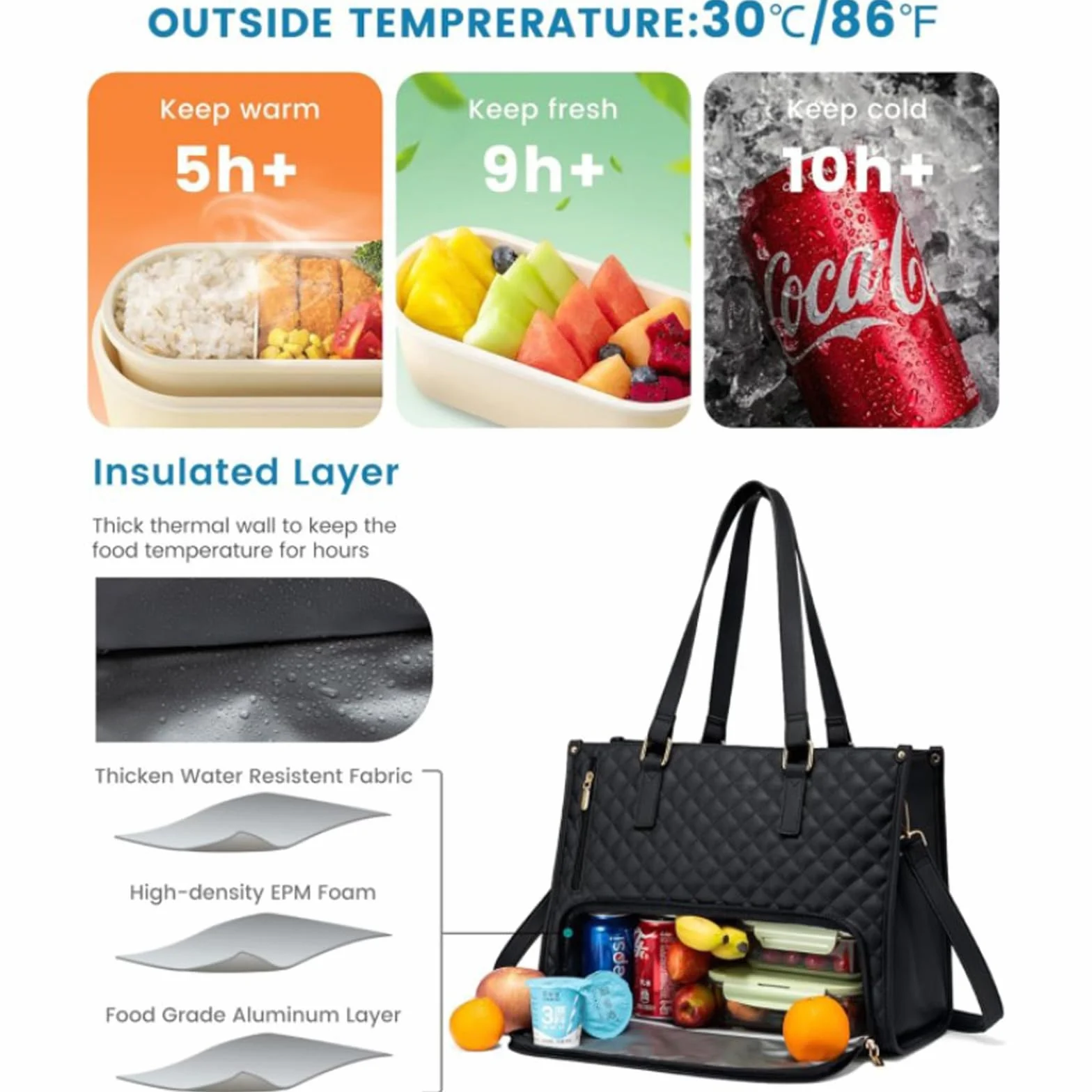 Damska torba na lunch 2 w 1 z kieszenią chłodzącą na laptop 15,6" czarna