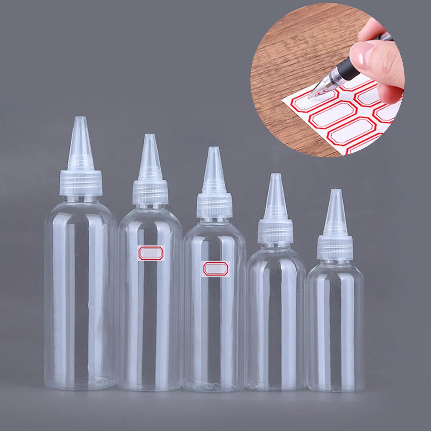 Butelki do wyciskania 5-100 ml z 2 lejami, 64 naklejki, przyciemniana butelka push, przezroczysta butelka do balsamu