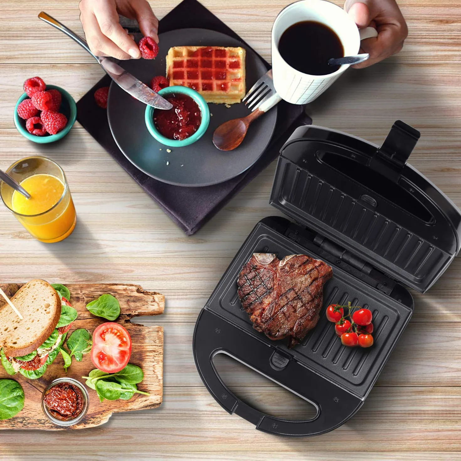 Aigostar - Opiekacz do kanapek 3 w 1, 750 W, 3 Zdejmowane płyty grillowe, Grill kontaktowy, Gofrownica, Nieprzywierająca powłoka, Można myć w zmywarce, Trójkątny, Pionowe przechowywanie, Czarny