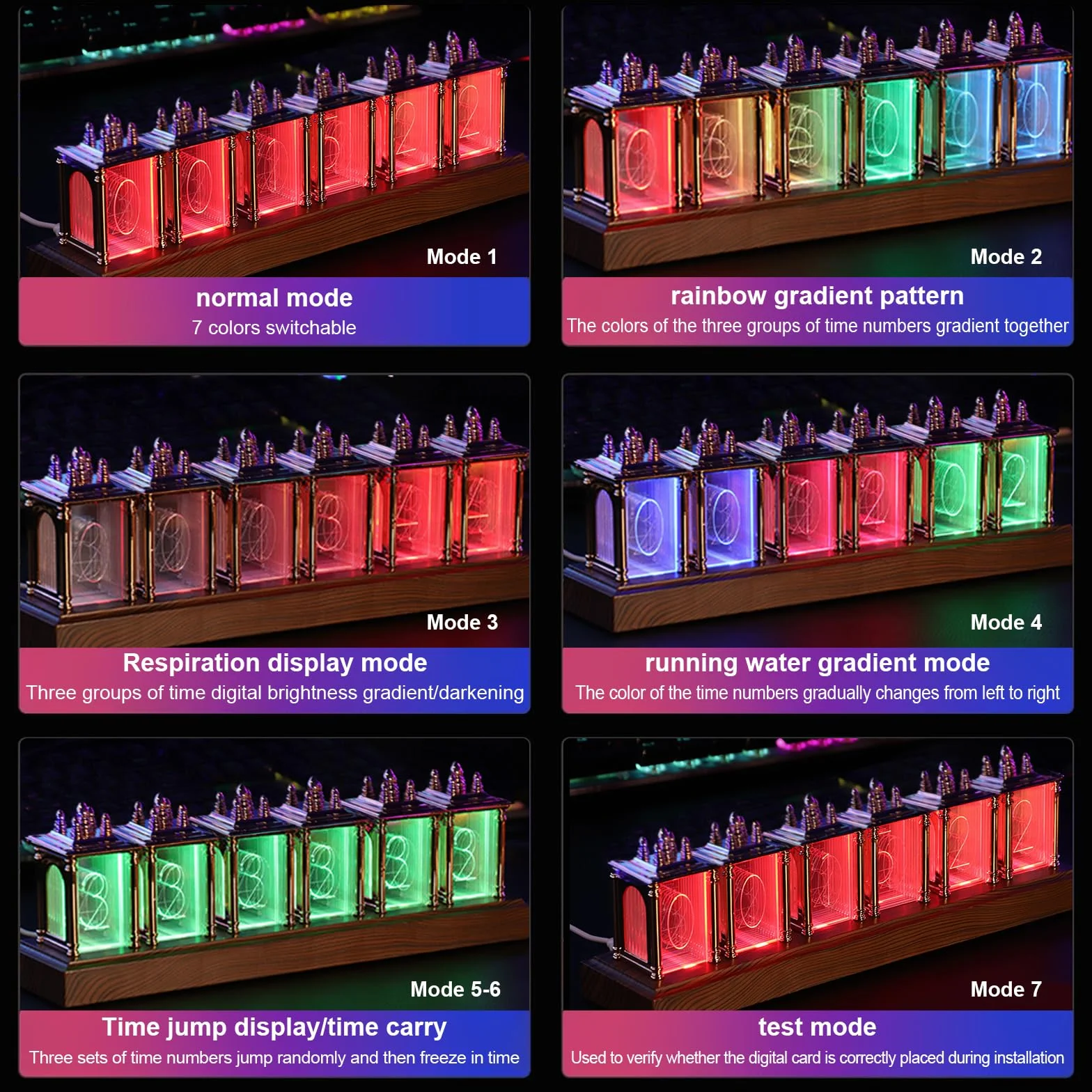 LIROPAU Nixie zegar lampowy z diodami LED RGB, funkcja pamięci wyłączania, data i godzina DIY, wiele trybów, przełącznik 12/24 godzin, zasilanie USB, do dekoracji prezentów