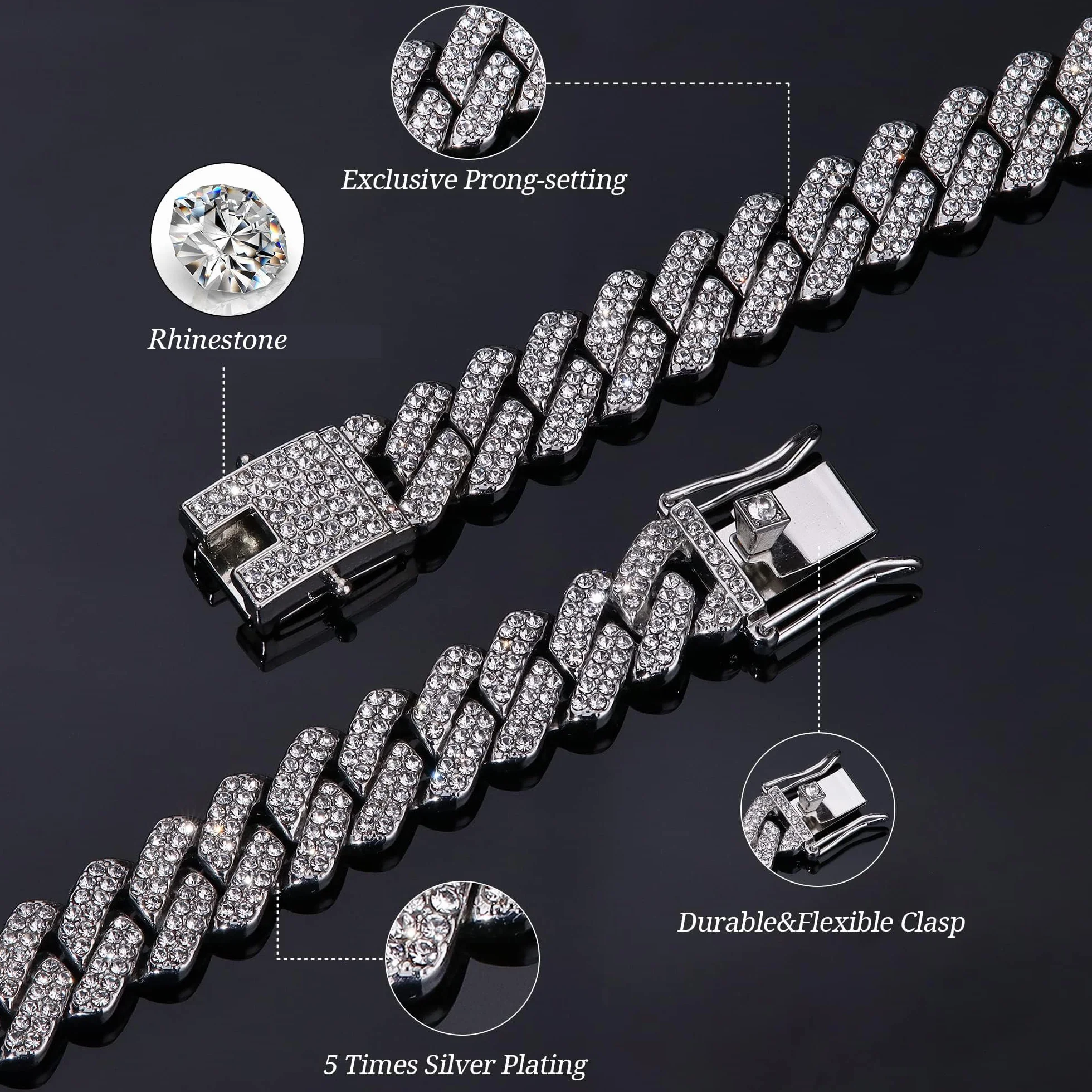 KRFY Cuban łańcuszek dla mężczyzn 13 mm, Iced Out Miami, kubański łańcuszek ogniwowy, złoty, posrebrzany, łańcuszek kubański, łańcuszek z diamentami, biżuteria Bling Bling Hip Hop