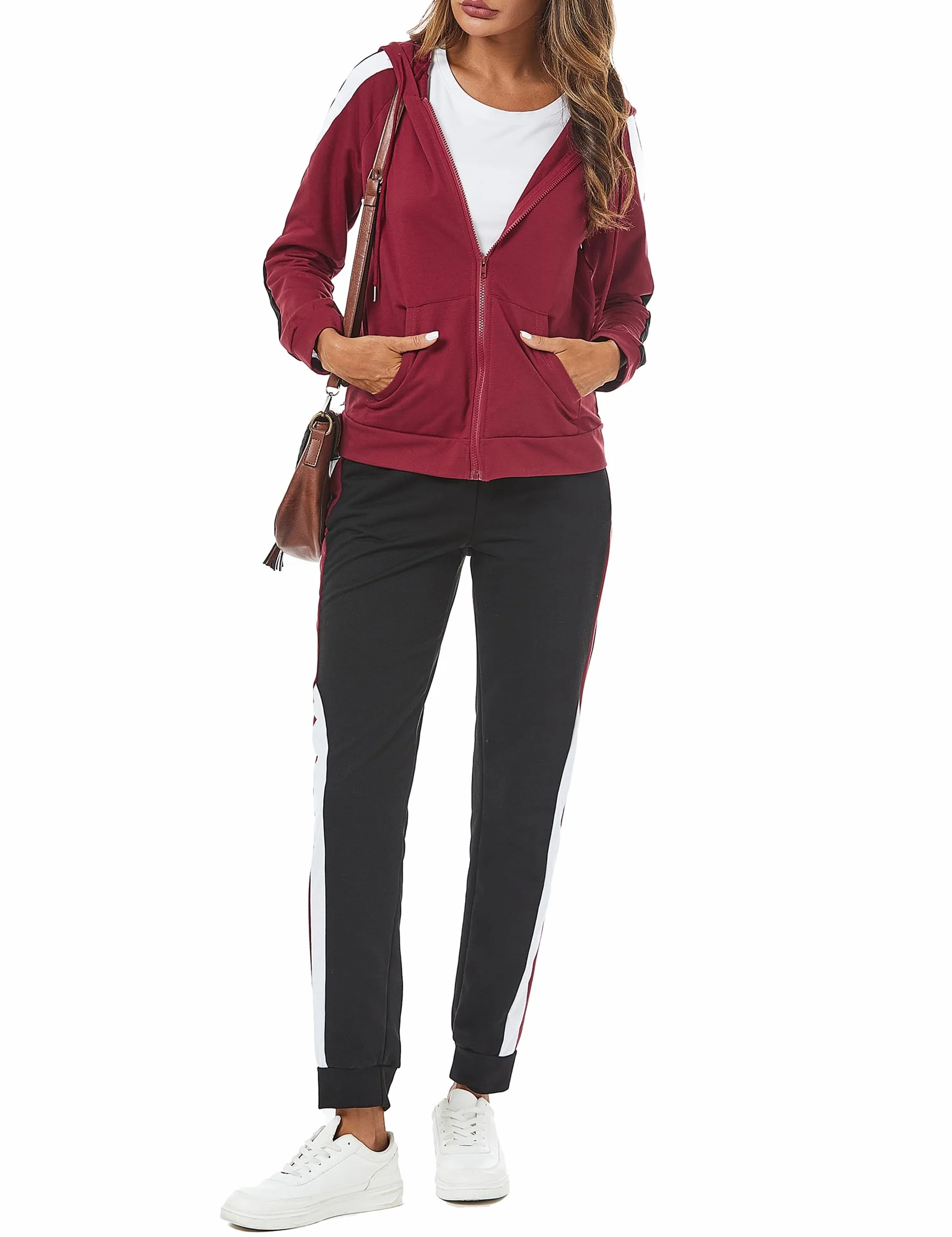 Litherday Dres damski, kombinezon, damski, zimowy, zestaw sportowy, damski, bawełna, bluza z kapturem kontrastowy kolor i spodnie joggery, do fitnessu, joggingu, S-XXL