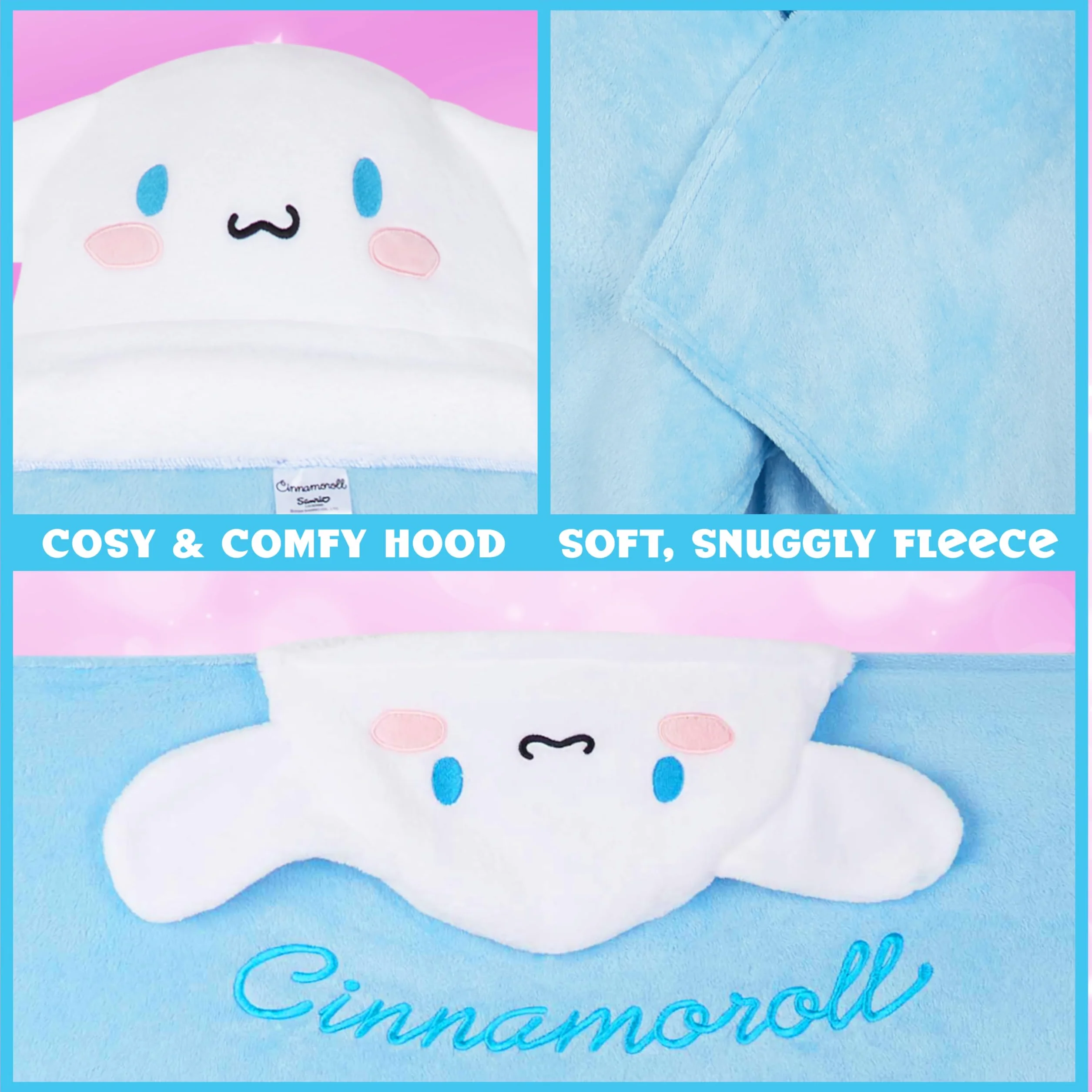 Hello Kitty Sanrio Koc z kapturem dla dziewcząt i nastolatków, Kuromi Cinnamoroll, ciepły i miękki koc polarowy, do przytulania, Kawaii Anime Gift (Cinnamoroll)