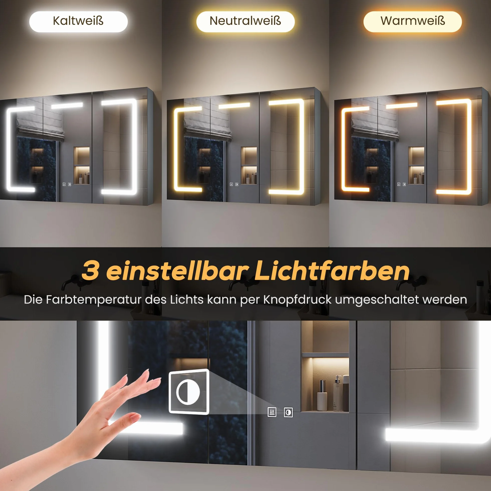 SONNI 3-drzwiowa szafka łazienkowa z lustrem 90 cm szara LED oświetlenie zapobiegająca zaparowaniu gniazdko 3 kolory światła ściemnianie