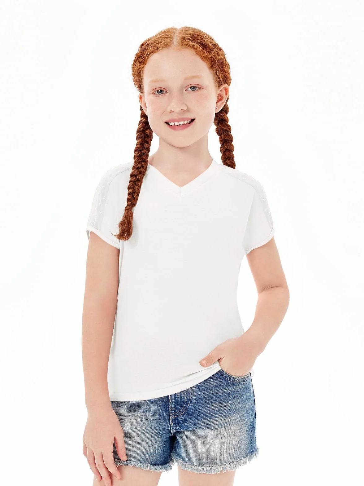 Haloumoning Dziewczęcy T-shirt na lato, krótki rękaw, dekolt w serek, dla dzieci, w szwajcarskie kropki, śliczny top rekreacyjny