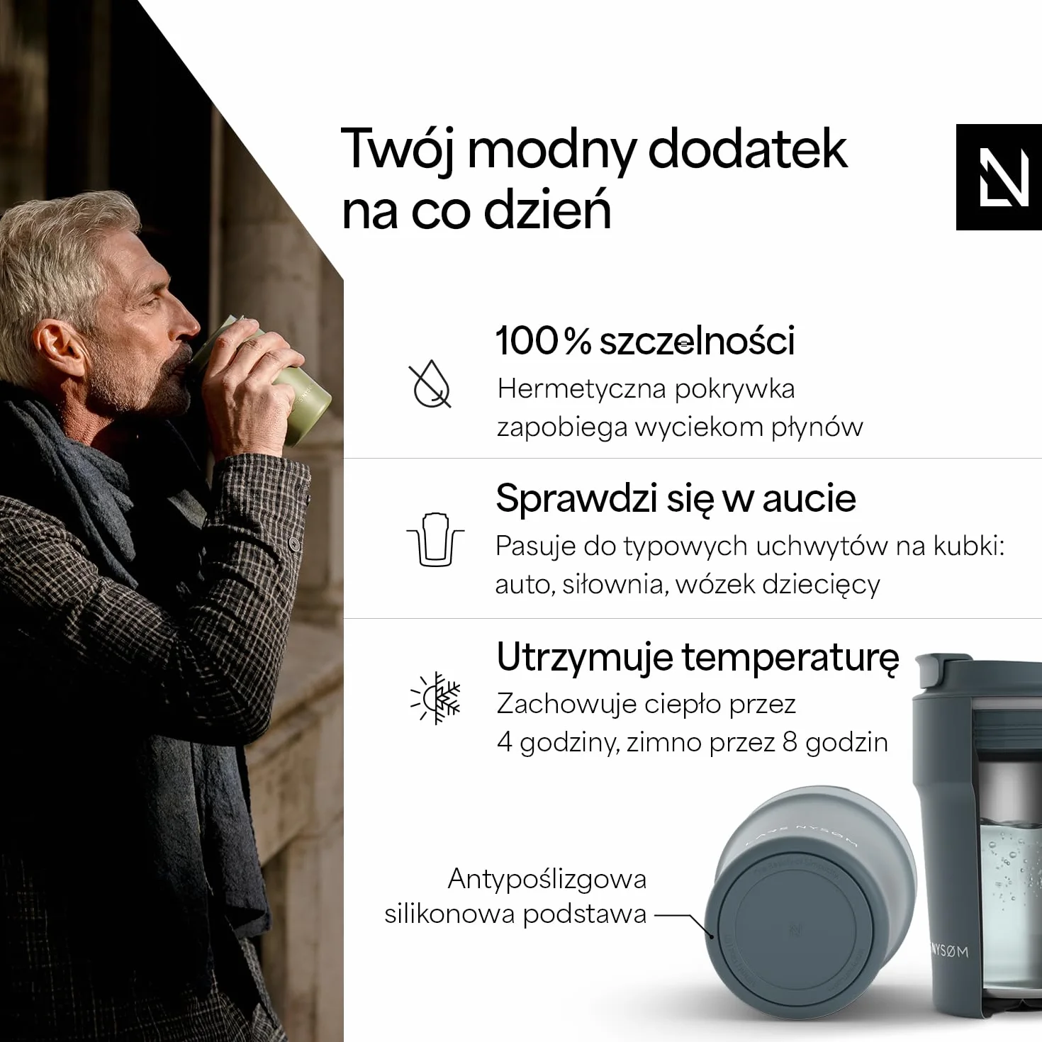 LARS NYSØM Kubek termiczny do kawy 380ml | Kubek podróżny z izolacją | Silikonowa podstawa antypoślizgowa | Szczelny kubeczek ze stali nierdzewnej do kawy i herbaty (Stone Blue - Powder, 380ml)