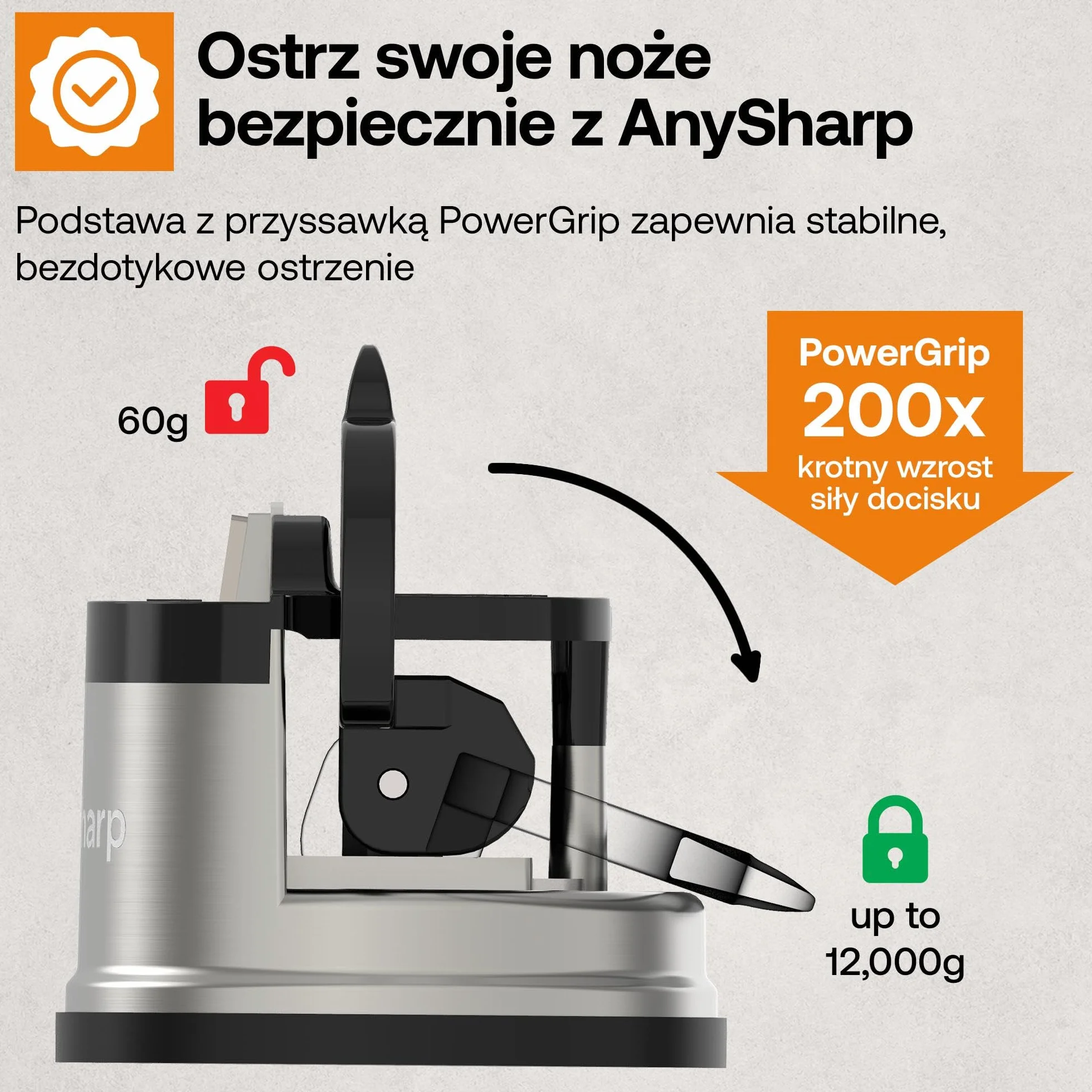 AnySharp Pro Metalowa Ostrzałka do Noży, Bezpieczne Ostrzenie, Stal Hartowana, Ząbkowane, Kompaktowa, Srebrna