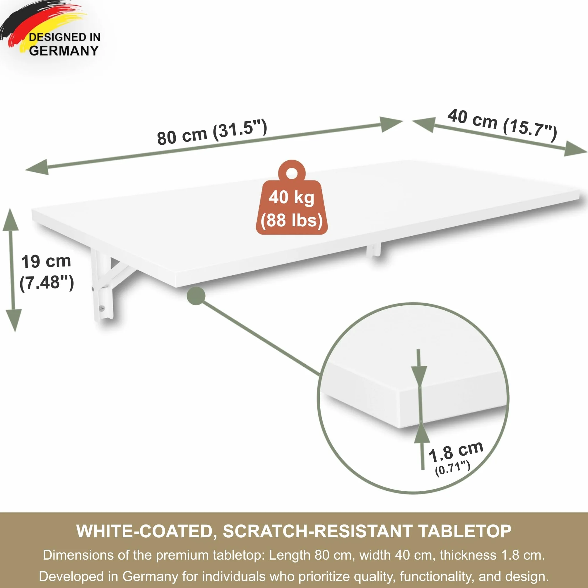 Składany stół ścienny 80 x 40 cm biały do jadalni i kuchni