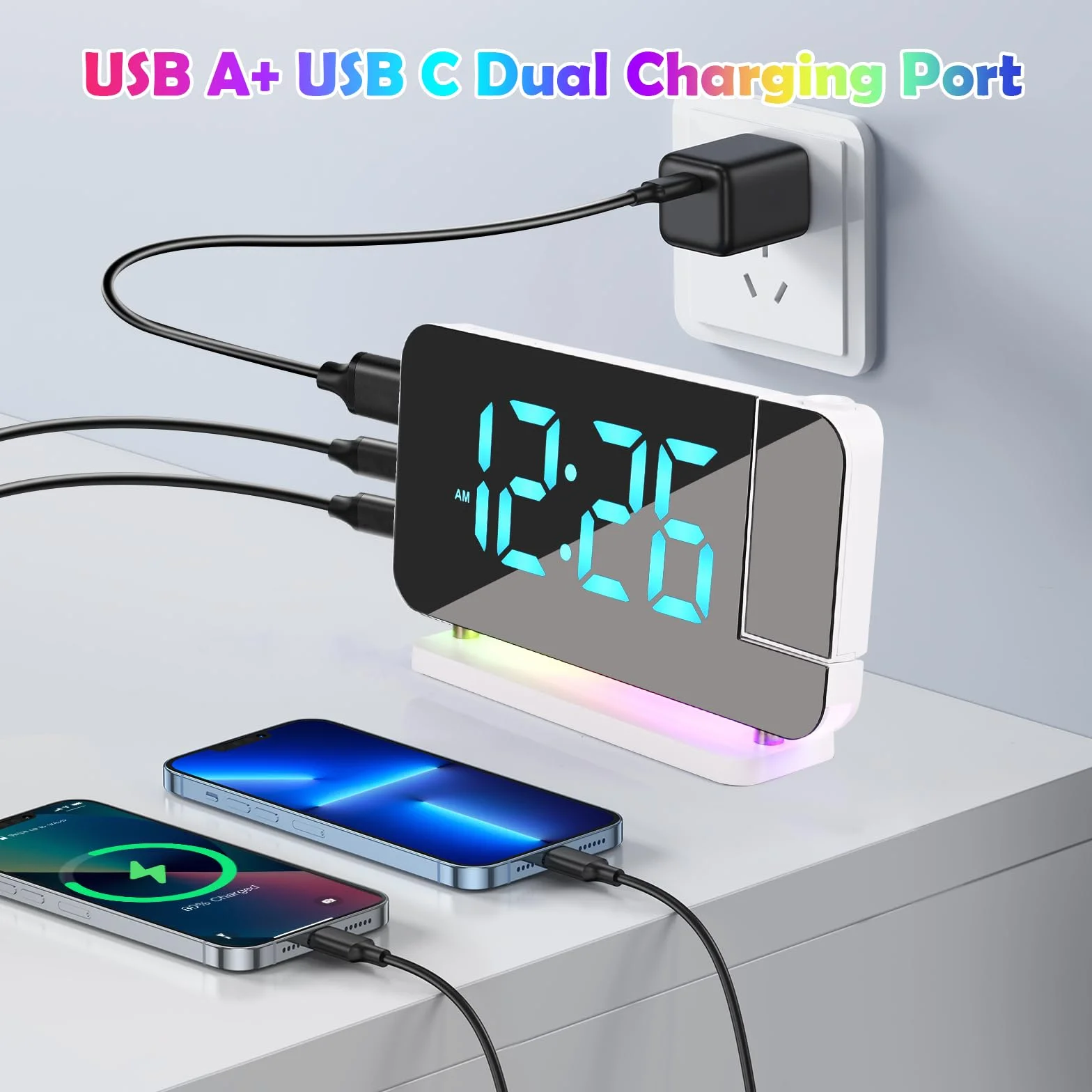 Euakee Budzik Projekcyjny 7,4 Cala LED Zegar Lustrzany 10 Kolorów Światło Nocne Projektor Obrotowy 180° USB-C