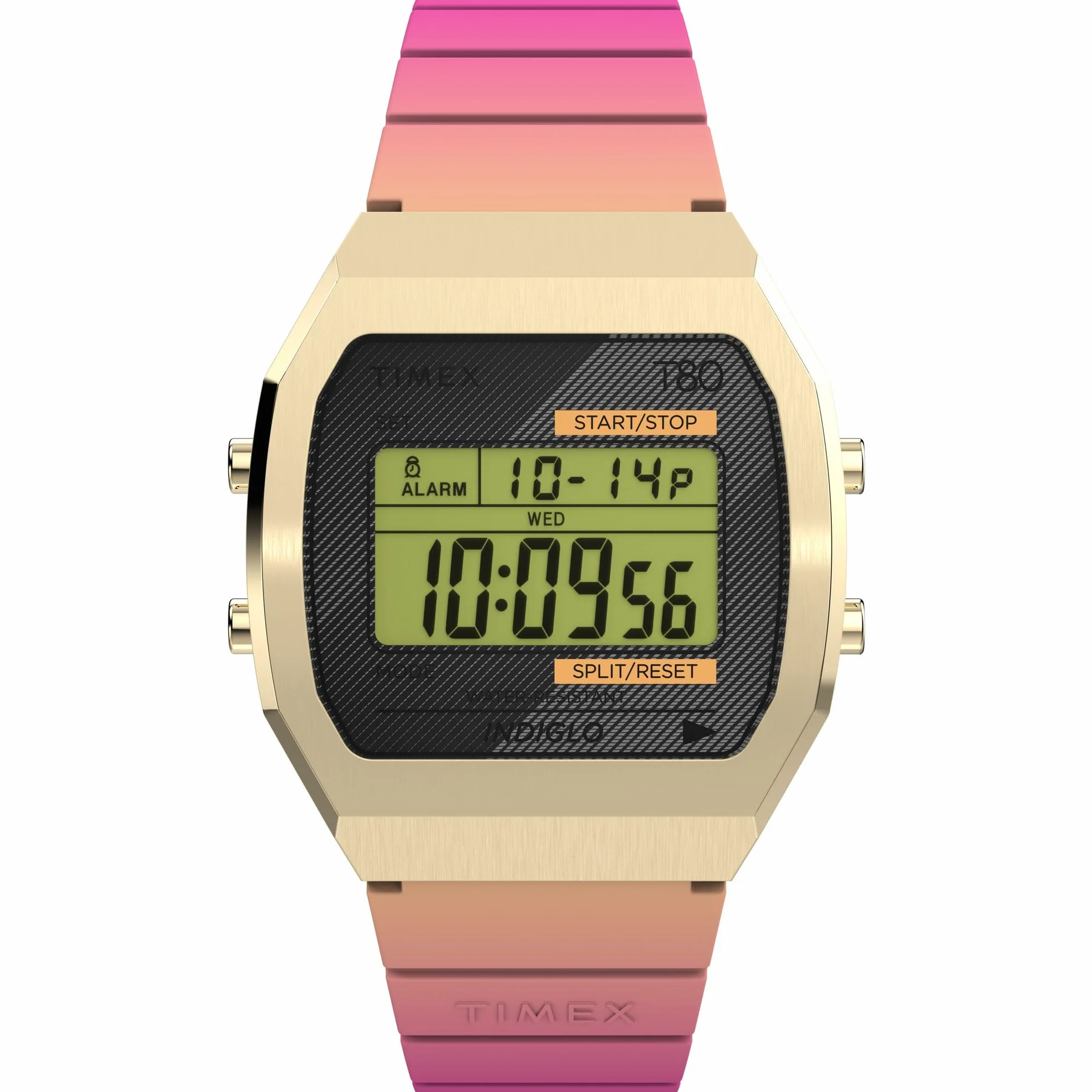 Timex T80 zegarek uniseks 36 mm – różowy pasek z żywicy, tarcza cyfrowa, koperta ze stali nierdzewnej w kolorze złotym, TW2V74400