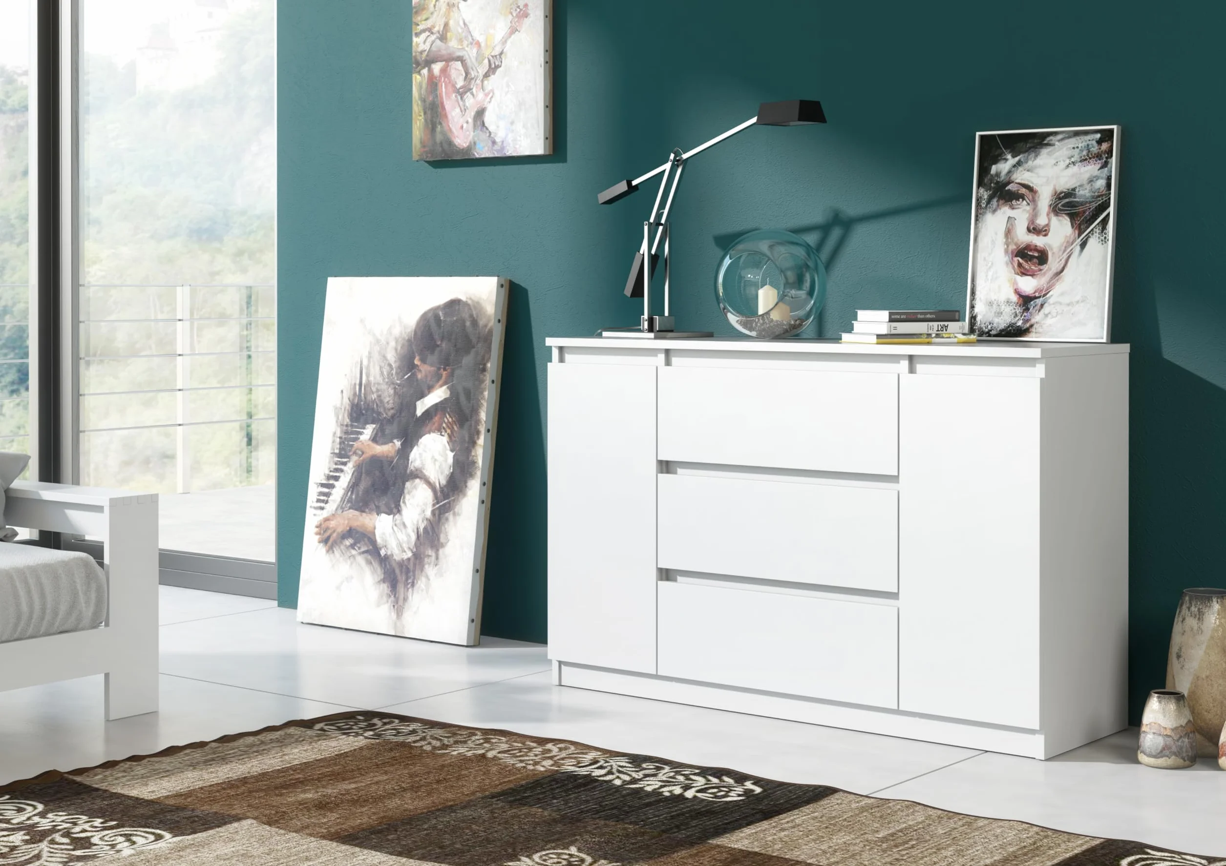meble masztalerz Komoda Biała Mat z 3 szufladami i 2 drzwiami - 120,4x78,2x39 cm - Komoda do salonu, sypialni - Szafka z szufladami - Komoda z szufladami - 120 cm