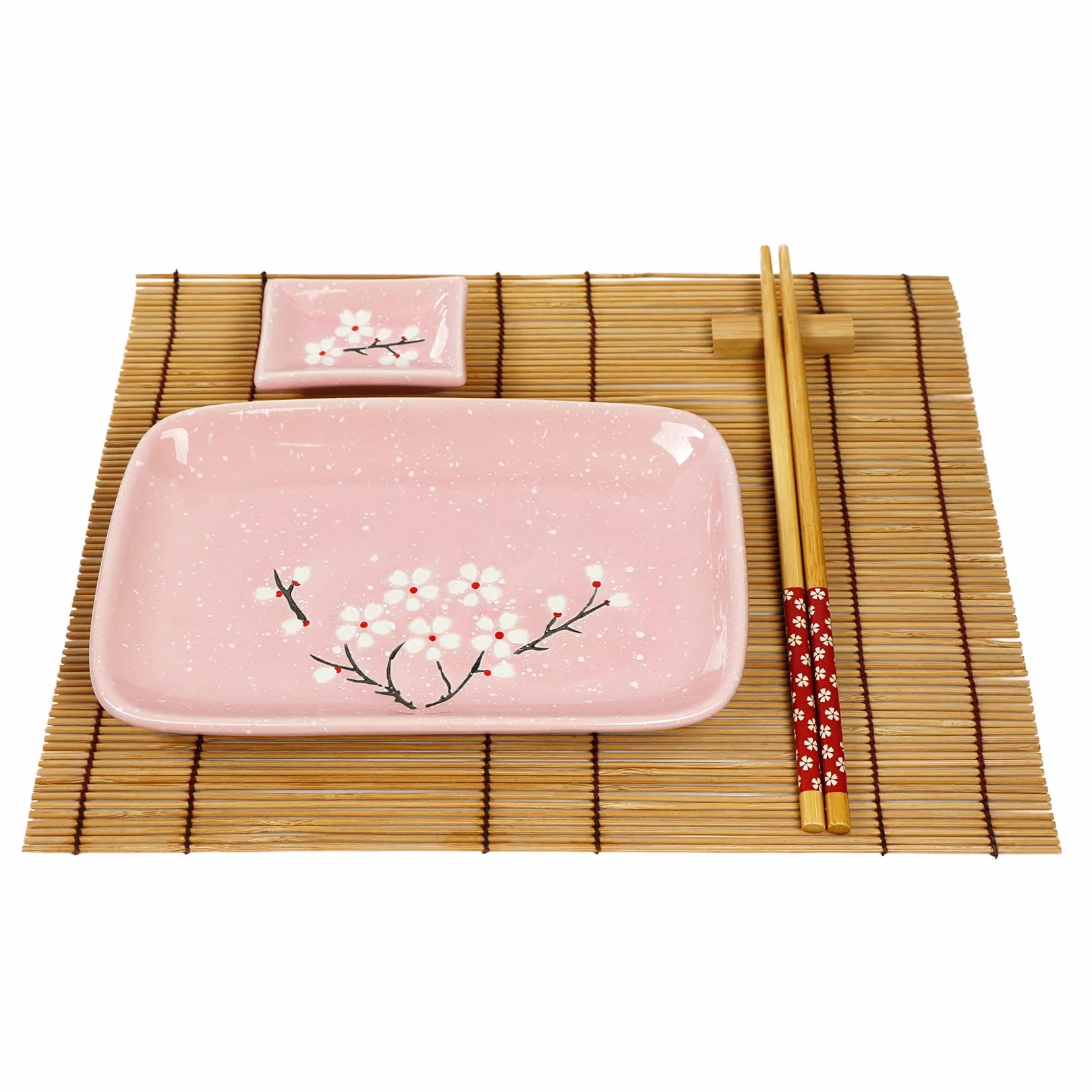 EXZACT Zestaw talerzy do sushi, 10 szt., 2 x talerze do sushi, 2 x miski do dipów, 2 x podkładki, 2 x podpórki na pałeczki, 2 pary pałeczek, wysokiej jakości porcelana, pudełko upominkowe, różowe