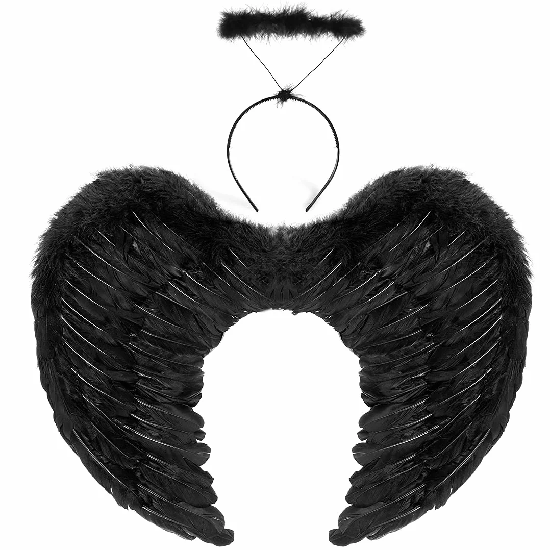 Skrzydła anioła, czarne skrzydła i aureola, czarne pióra, czarne skrzydła anioła, skrzydła diabła, kostium ciemnego anioła, kostium Black Wings, kostium upadłego anioła, Boże Narodzenie, Halloween