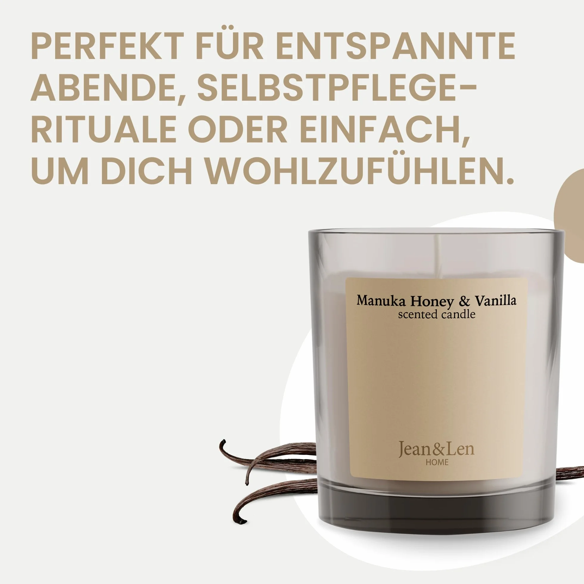 Jean & Len Manuka zapachowa świeca waniliowa z masłem shea, trwała około 40 godzin, minimalistyczny design, ciepły i zmysłowy zapach, wegańska, 195 g