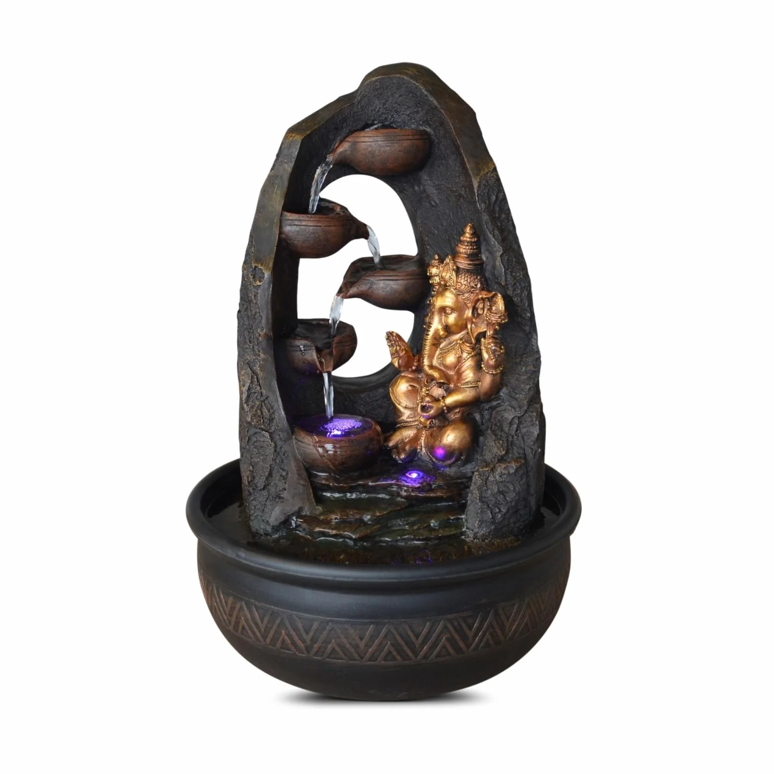 Budda Ganesh fontanna wewnętrzna z kolorowym światłem LED - dekoracja Feng Shui Zen - wspornik łóżka - wys. 40 cm - Mystic Zen'light