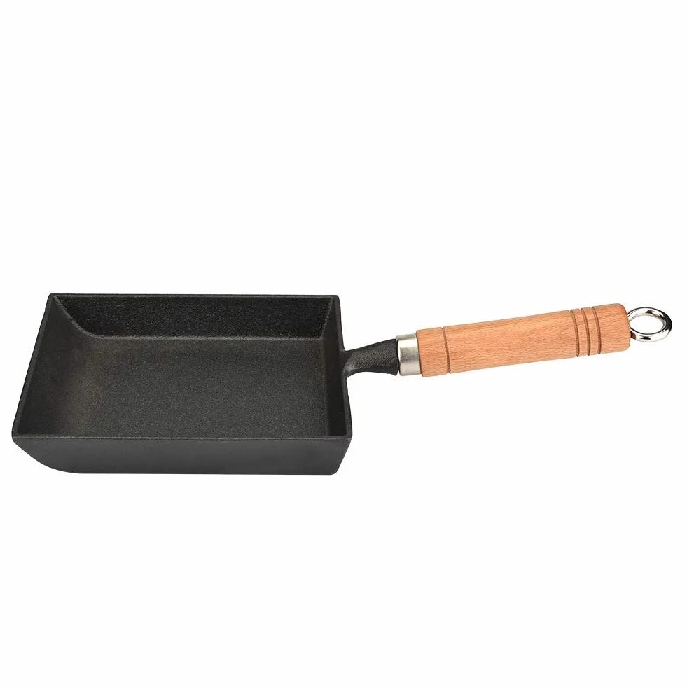 ASHATA Japońska Mini Tamagoyaki Omlet Patelnia do jajek Kwadratowa patelnia żeliwna prostokątna patelnia z drewnianym uchwytem, nieprzywierająca (37 x 15,5 cm/14,6 * 6,1 cala)