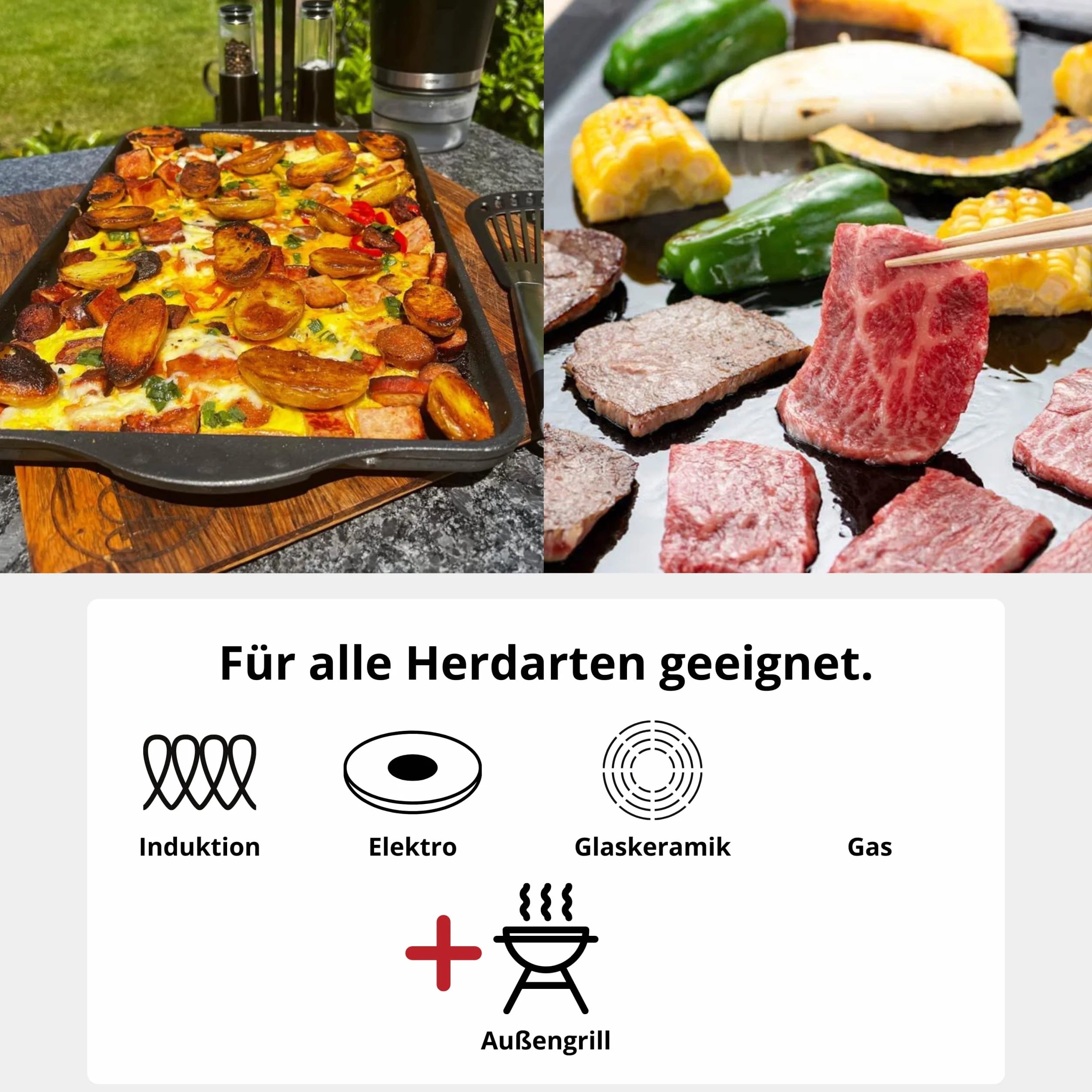 Ulubiona patelnia Teppanyaki płyta grillowa XXL 43 x 28 cm – z uchwytami bocznymi – gładka powłoka nieprzywierająca z odlewu aluminiowego do wszystkich rodzajów kuchenek, w tym indukcyjnych i