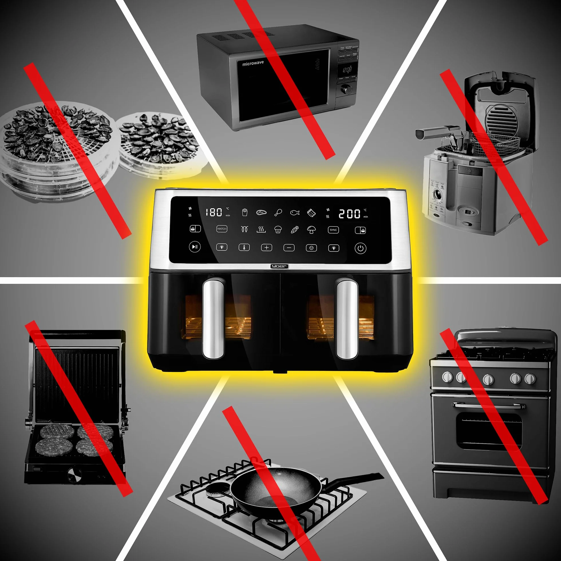 Yoer Frytkownica beztłuszczowa 10L, Airfryer, 6w1, 2850W, 2 niezależne komory, Nieprzywierająca powłoka, 10 automatycznych programów, Możliwość mycia misy w zmywarce, DualCrisp AF02BK, czarna
