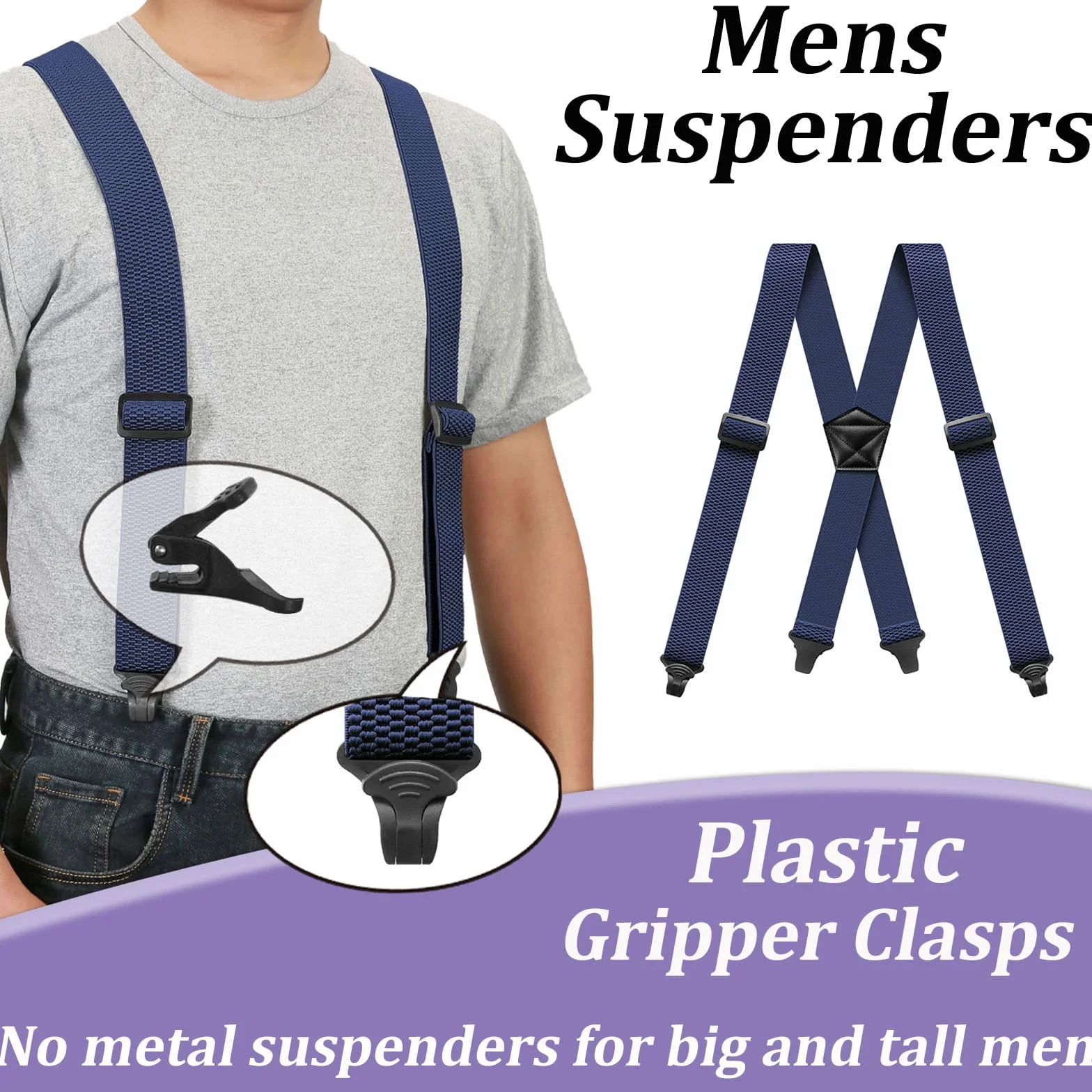 Suspenders for Men Heavy Duty 1,6 cala Wide Airport Friendly Hidden Suspenders with 4 Plastic Gripper Clasps Adjustable Elastic Braces for Casual Work X-Back ciemnoniebieski