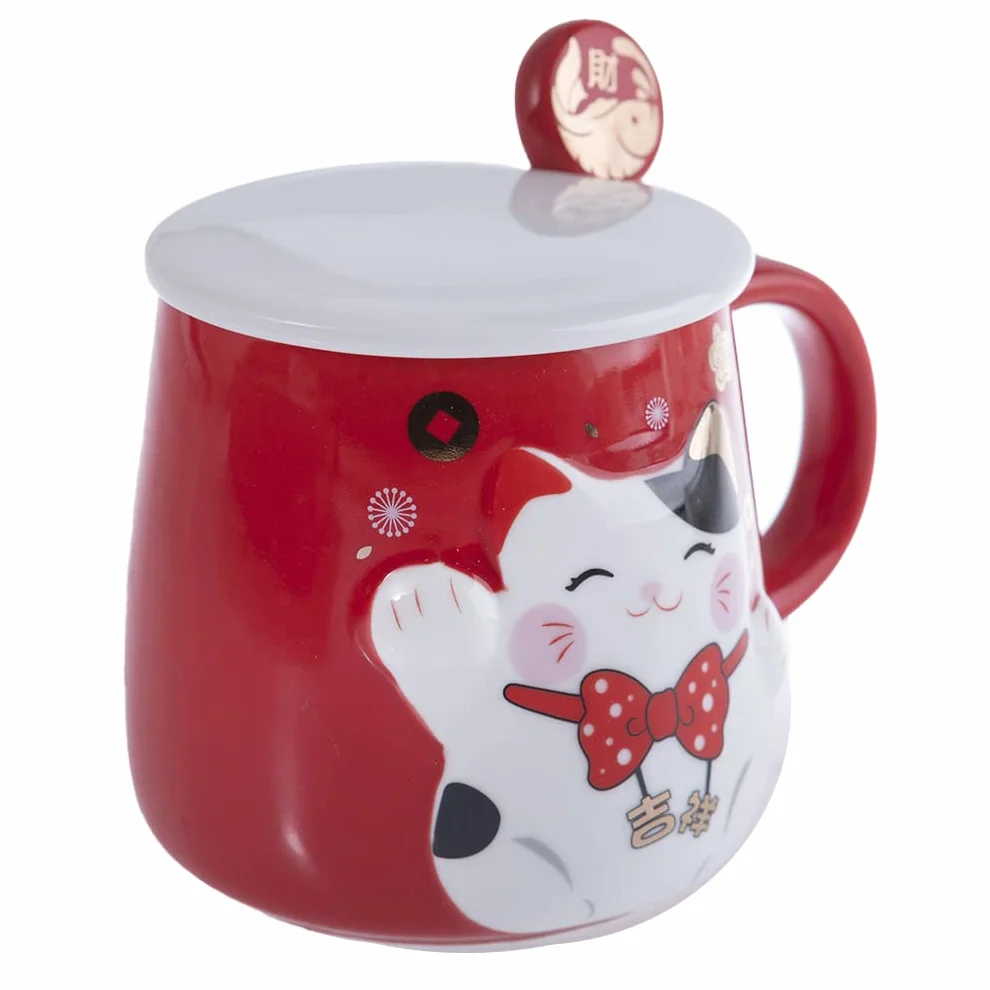 lachineuse - Wytłoczony kubek - Dekoracje Cat Maneki Neko - Czerwony odcień - W towarzystwie łyżki - Japońska dekoracja - Pomysł na prezent Japonia Azja