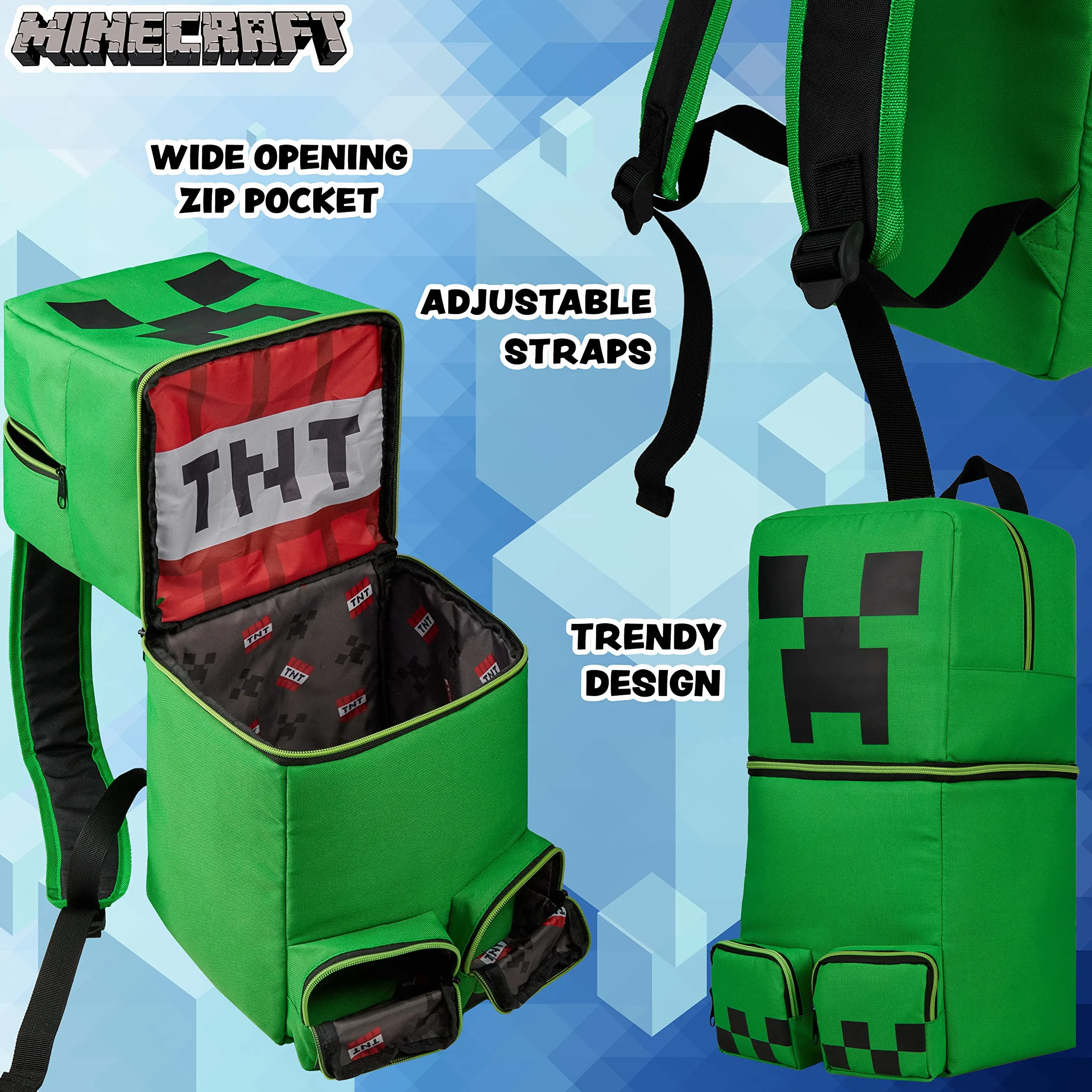 Minecraft Plecaki dziecięce dla chłopców Creeper zielony plecak 50 x 21 cm kieszenie zapinane na zamek błyskawiczny regulowane paski plecak dziecięcy podróżny sport gracz prezenty dla chłopców,