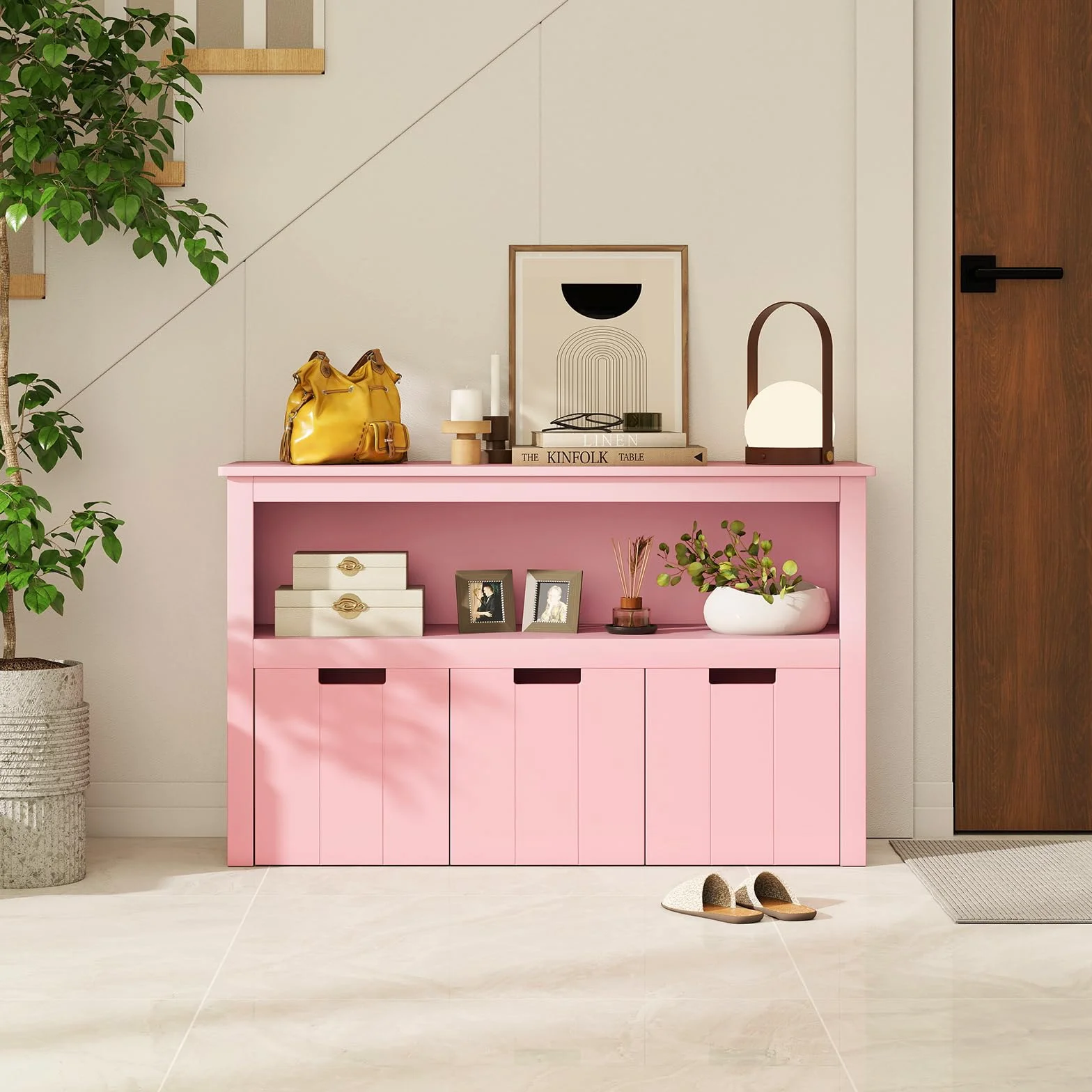 COSTWAY Komoda na zabawki, 3 szuflady, organizator dla pokoju i salonu, drewniana (różowa, 102 x 33 x 62 cm)