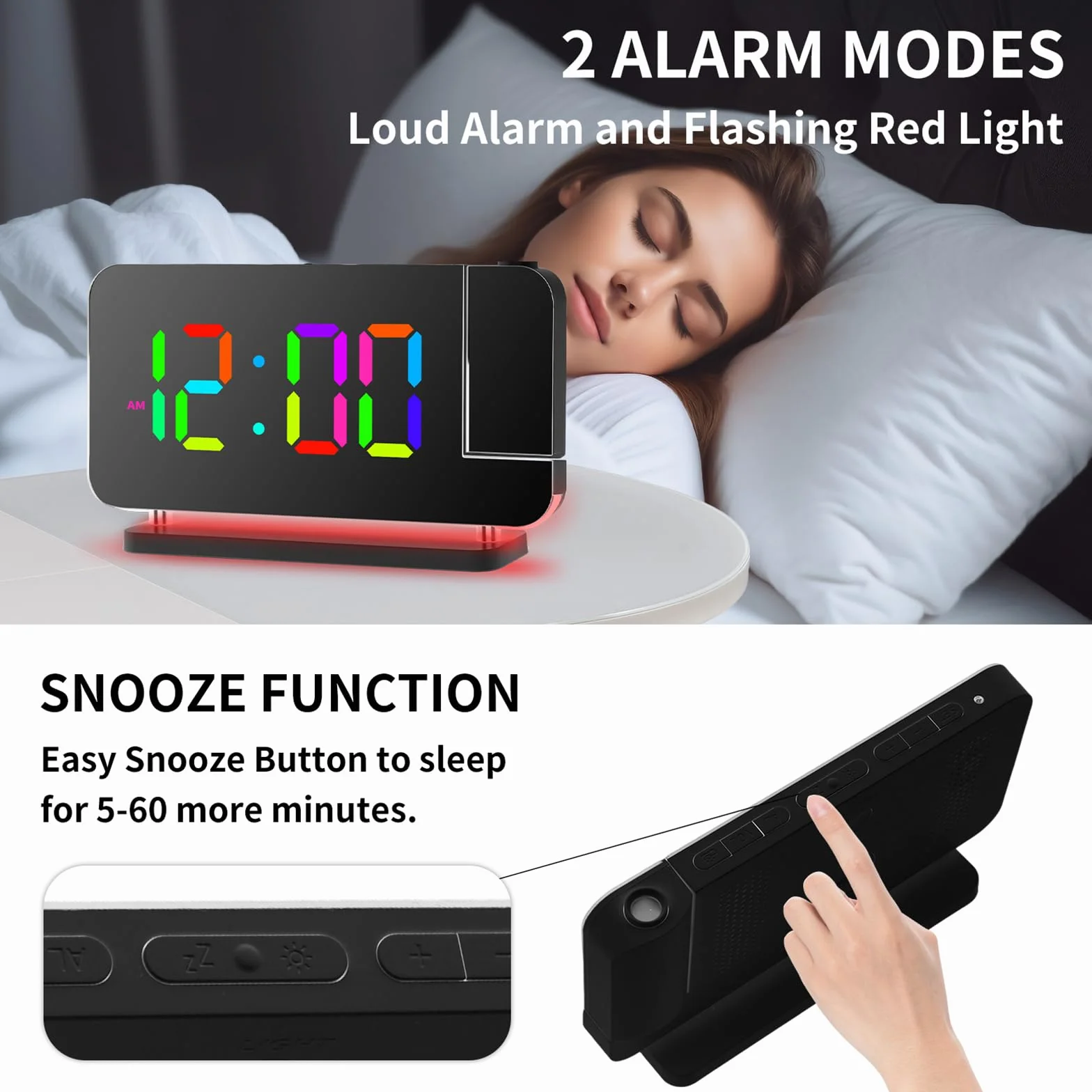 Cuteefun Budzik projektora sufitowego z podwójnym portem USB C/A, wyświetlacz RGB 11 kolorów, 6 poziomów jasności