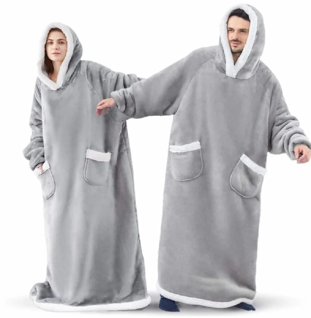 Sacebeleu Przytulny koc z rękawami, oversize, miękki koc z kapturem, Sherpa dla kobiet i mężczyzn, puszysty flanelowy koc do oglądania telewizji z rękawami, przenośny koc na całe ciało, szary