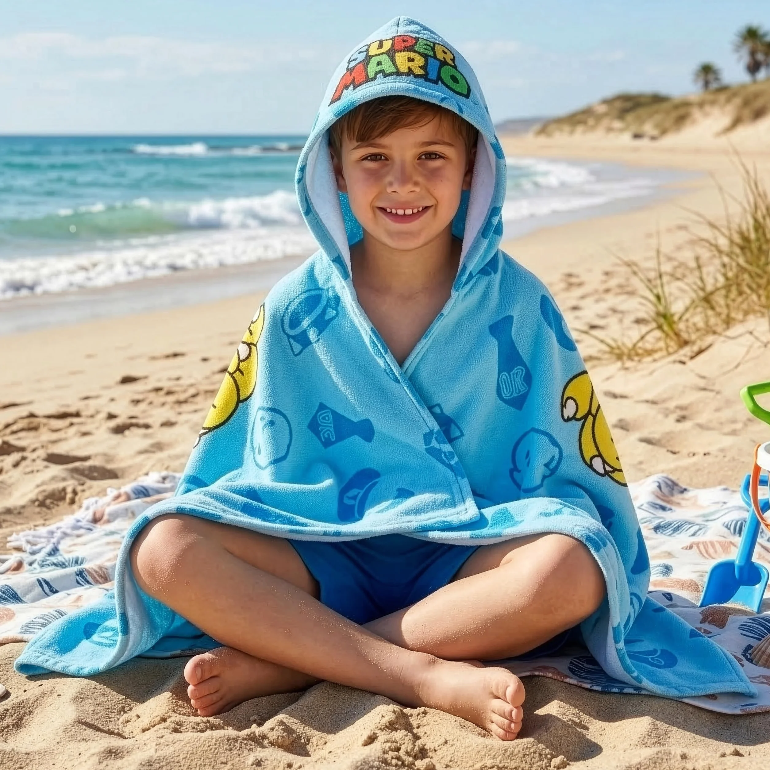 Super Mario Ręcznik Plażowy Dla Chłopców Z Kapturem, Niebieski One Size