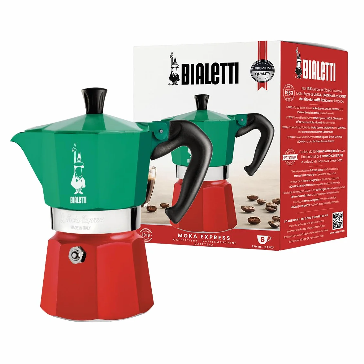 Bialetti – Moka Express Italia Collection: Klasyczna Kawiarka Do Przygotowywania Prawdziwej Włoskiej Kawy, 6 Filiżanek (270 Ml), Aluminiowa, W Kolorze Czerwonym, Zielonym, Srebrnym
