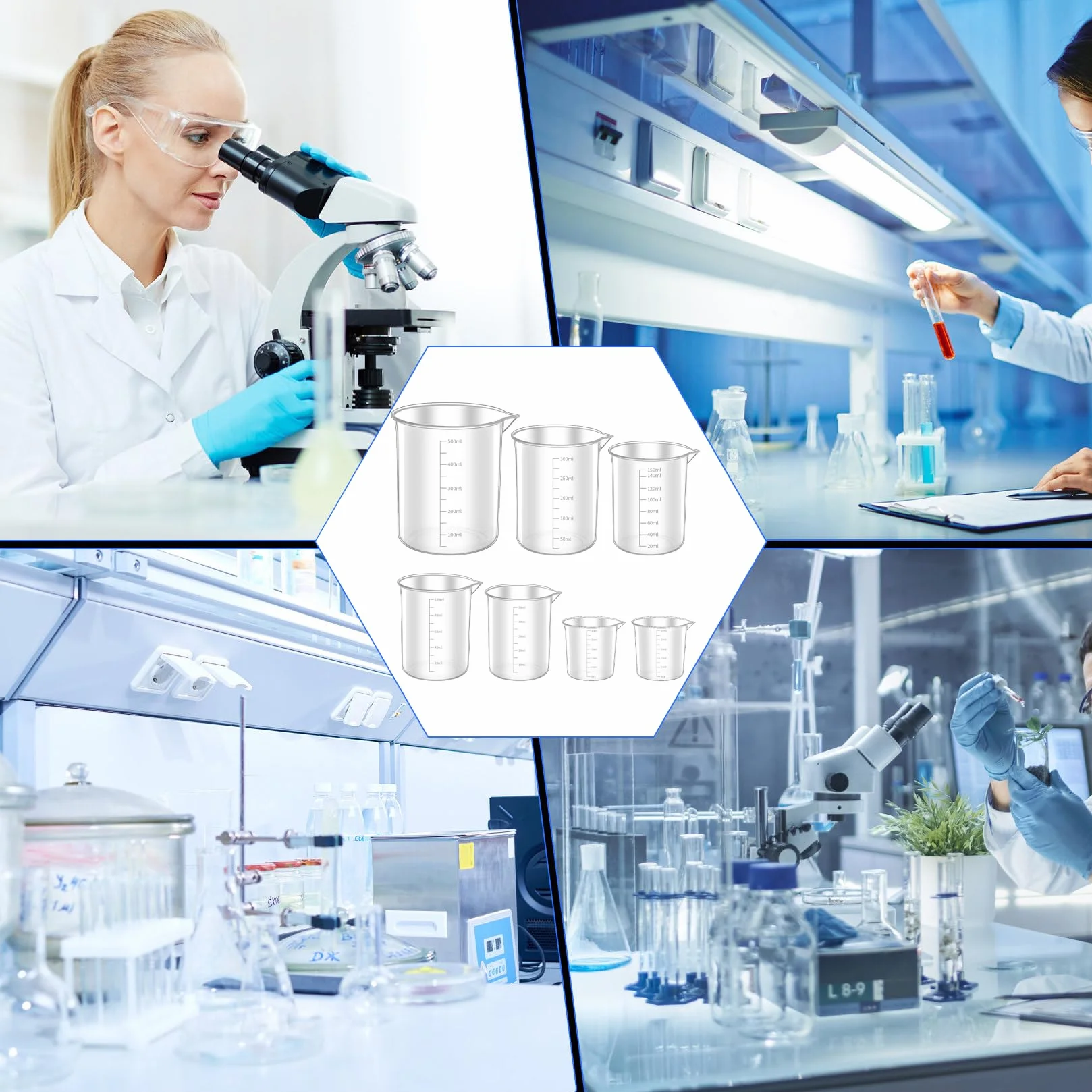 Zestaw 7 kubków z miarką, ML 30 ml, 50 ml, 100 ml, 150 ml, 250 ml, 500 ml, miarka, precyzyjna, odporna na wysokie temperatury, tworzywo sztuczne, mała miarka ze skalą do laboratorium