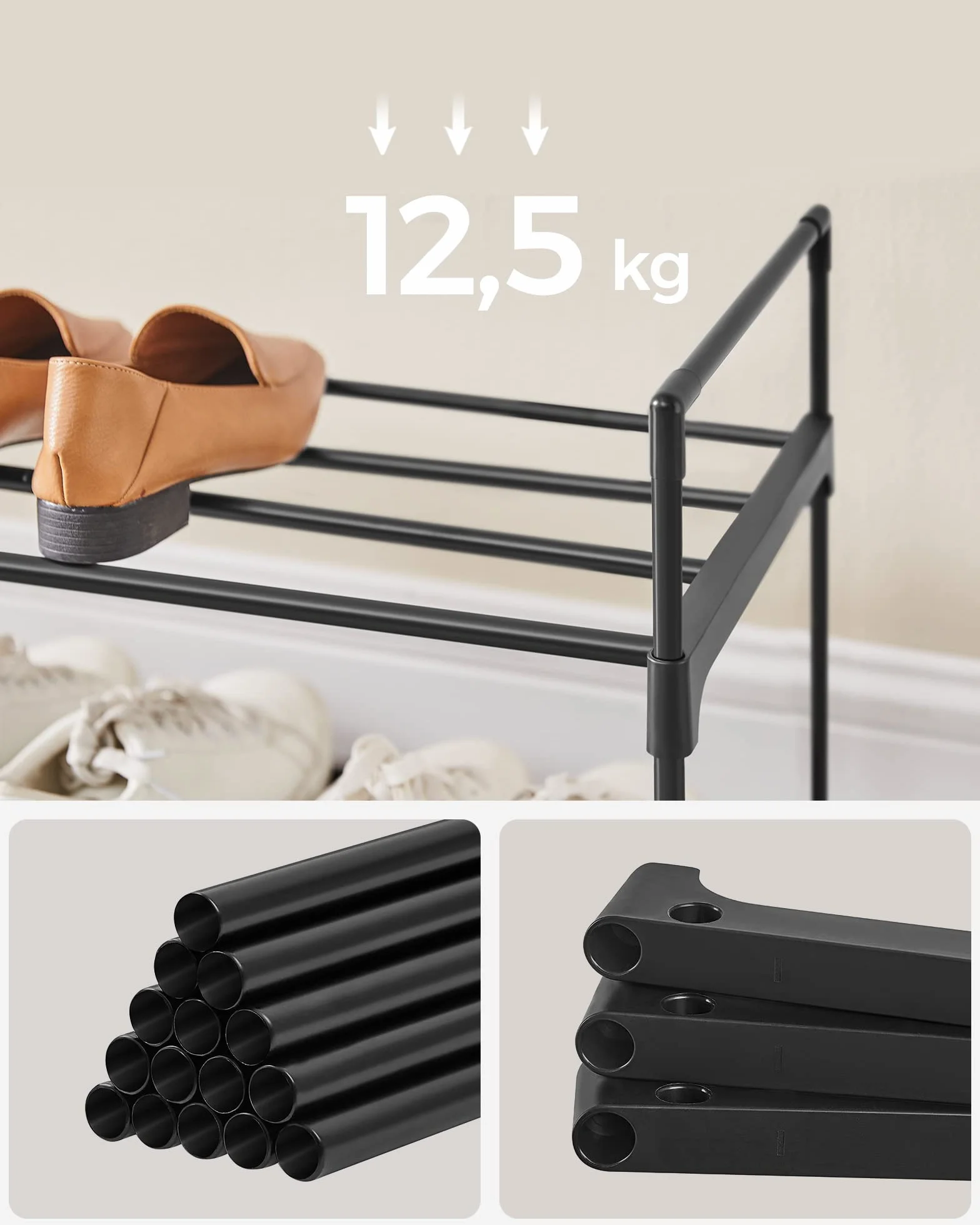 SONGMICS 2-poziomowy stojak na buty metalowy regał na buty 10-12 par 30 x 116 x 34 cm czarny