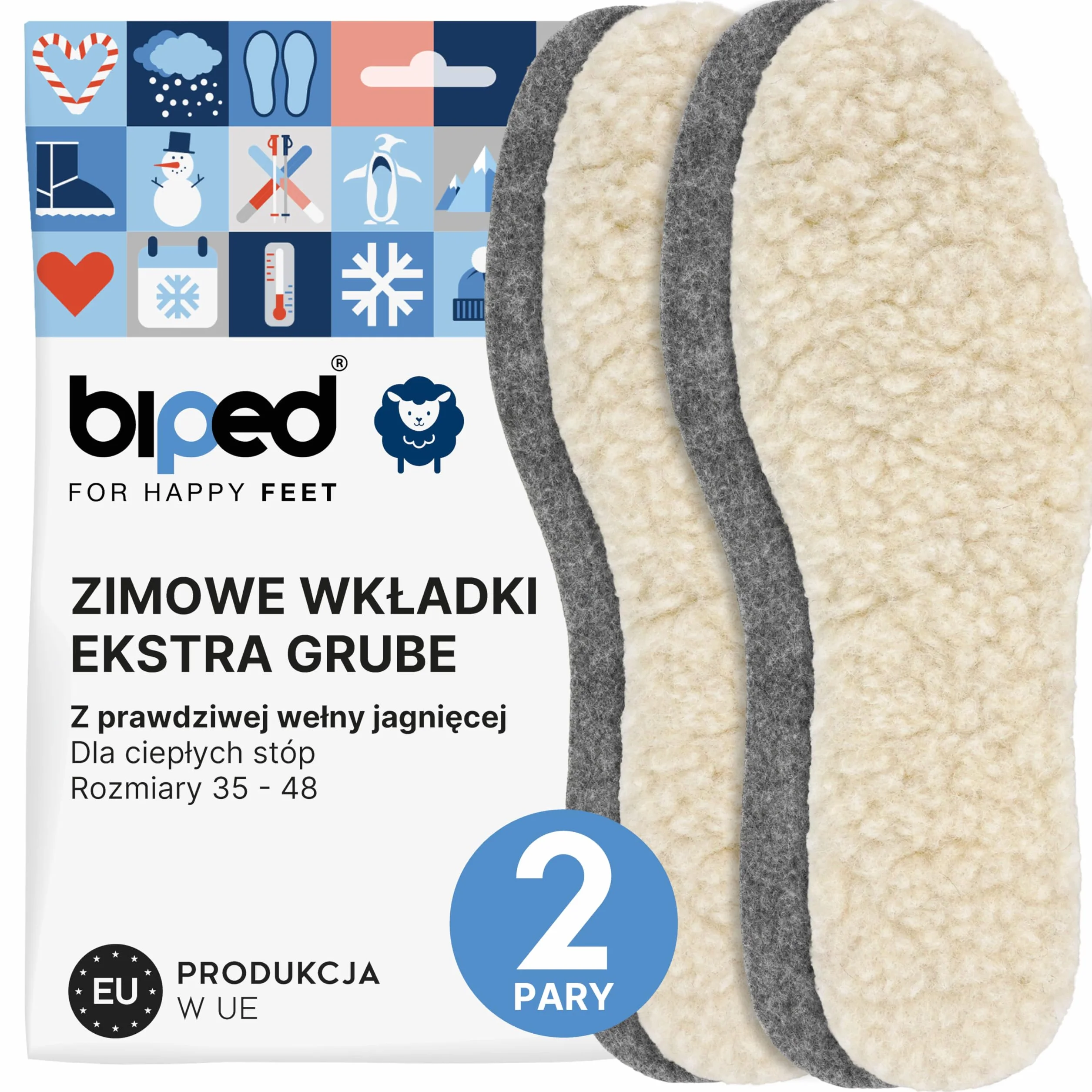 biped 2 pary wełnianych wkładek z wełny jagnięcej i filcu - Bardzo grube, ocieplające wkładki zimowe do butów męskich i damskich z1004(38)