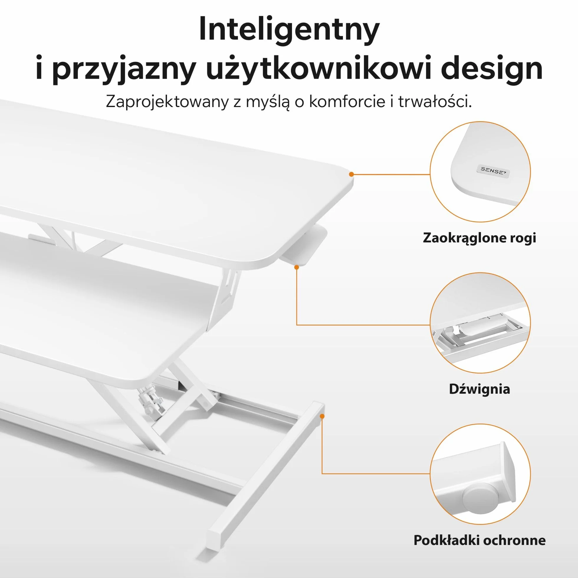 SENSE7 Desk Converter Regulowana Wysokość 81x40 cm Mobilna Konstrukcja Biała