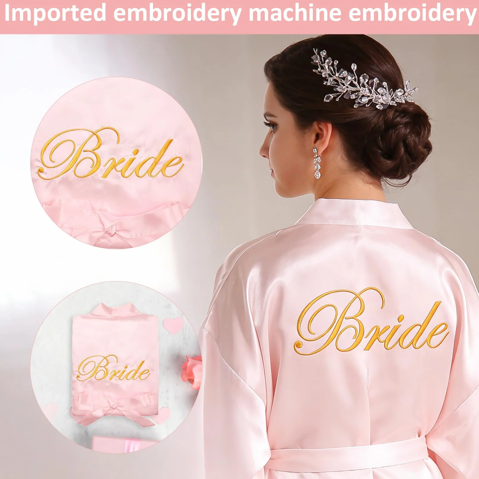Bride Damski szlafrok satynowy kimono z dekoltem w serek bielizna nocna z kapciami na wesele wieczór panieński dekoracja imprezowa (różowy)