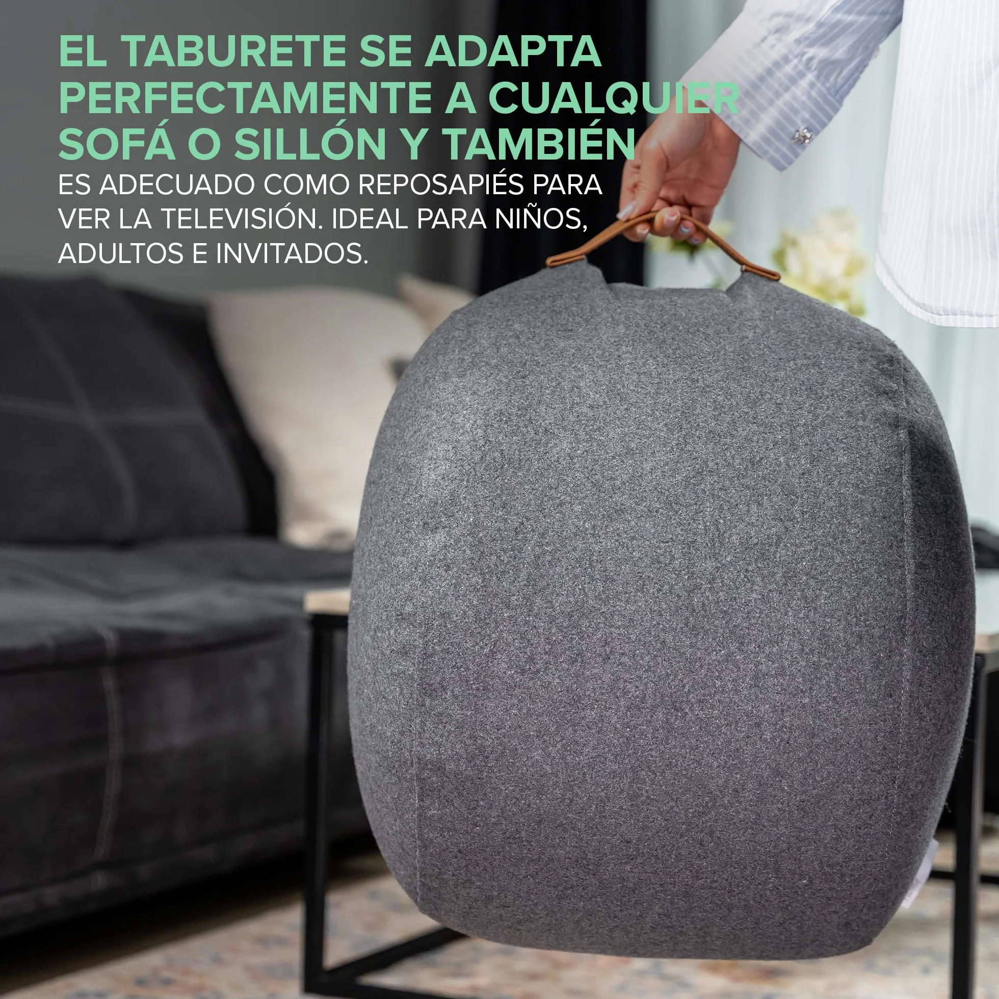 Coninx Wełniana pufa Home antracyt 50 x 40 cm podnóżek z uchwytem skórzanym
