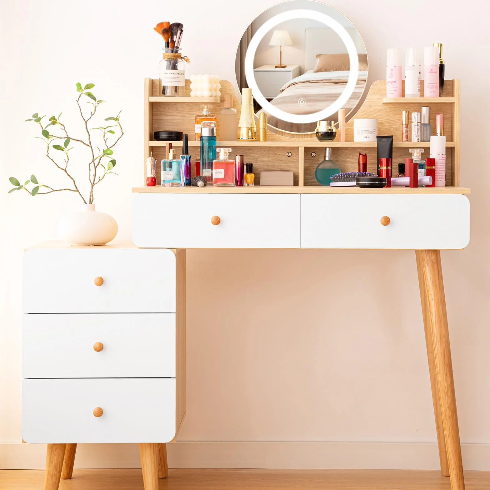 Toaletka z lustrem LED, stolik do makijażu z 5 szufladami i 6 półkami do przechowywania, 40 x 80 x 134 cm, toaletka z wysuwanym schowkiem, nowoczesny styl drewniany, biała