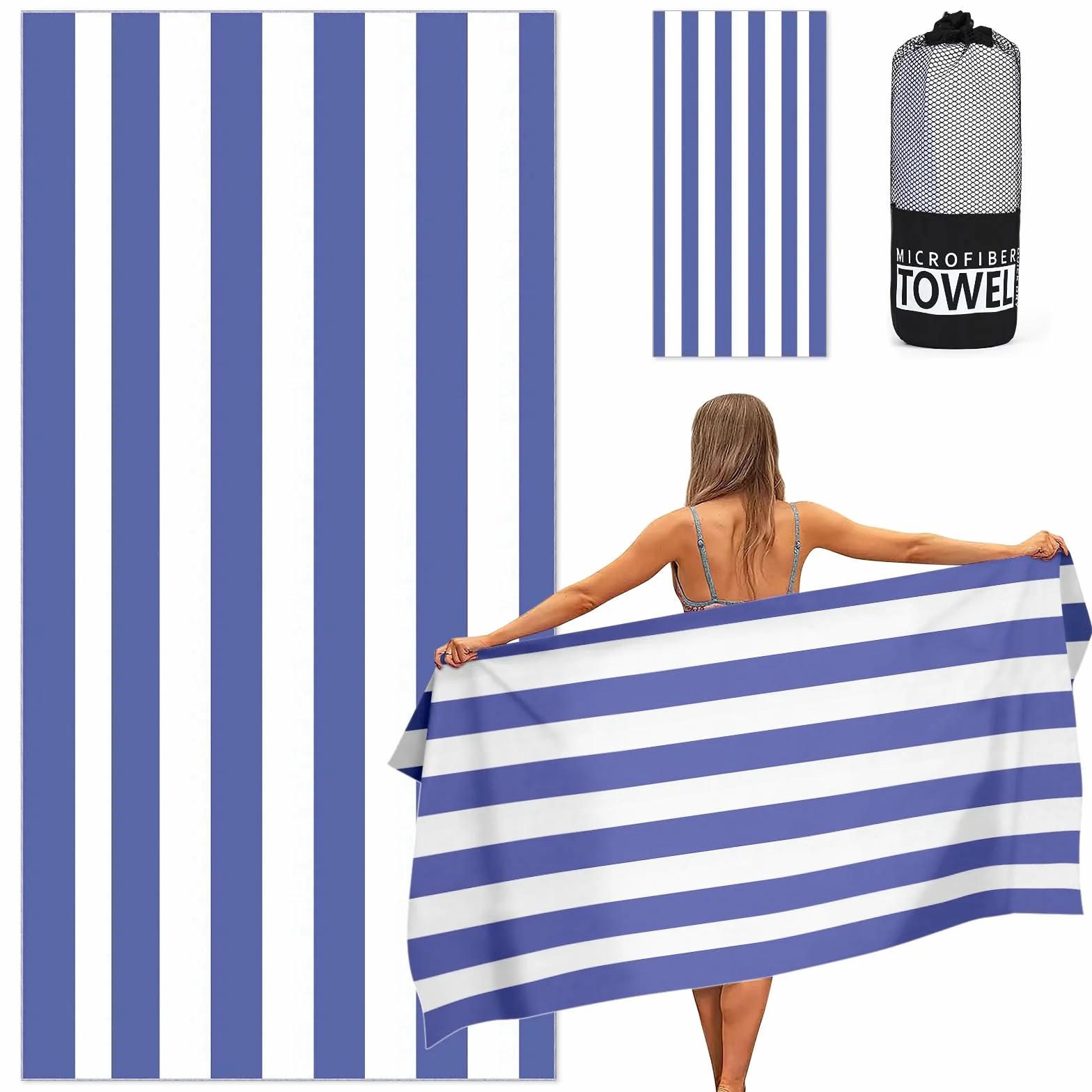 Ainiv Duży ręcznik plażowy, 80 x 160 cm, dwustronny ręcznik w paski, bez piasku, miękki i lekki sportowy ręcznik do jogi z torbą, szybkoschnący ręcznik kąpielowy z mikrofibry dla kobiet mężczyzn, do