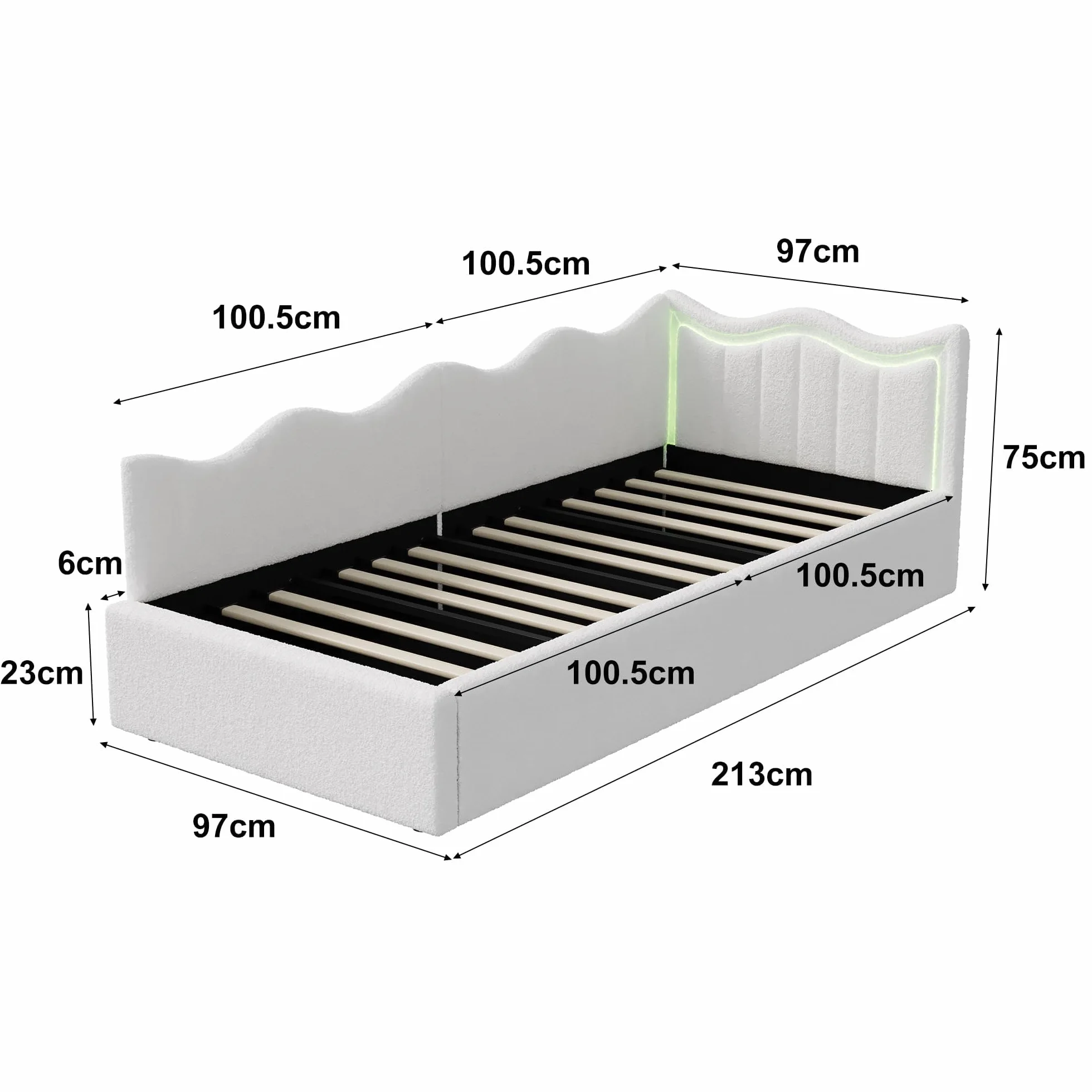 Łóżko 90 x 200 z hydraulicznym miejscem do przechowywania, sofa łóżko ze światłem LED, tapicerowane łóżka z łóżkiem na listwach, łóżka dla dzieci 90 x 200 z zagłówkiem, aksamitne Teddy, białe