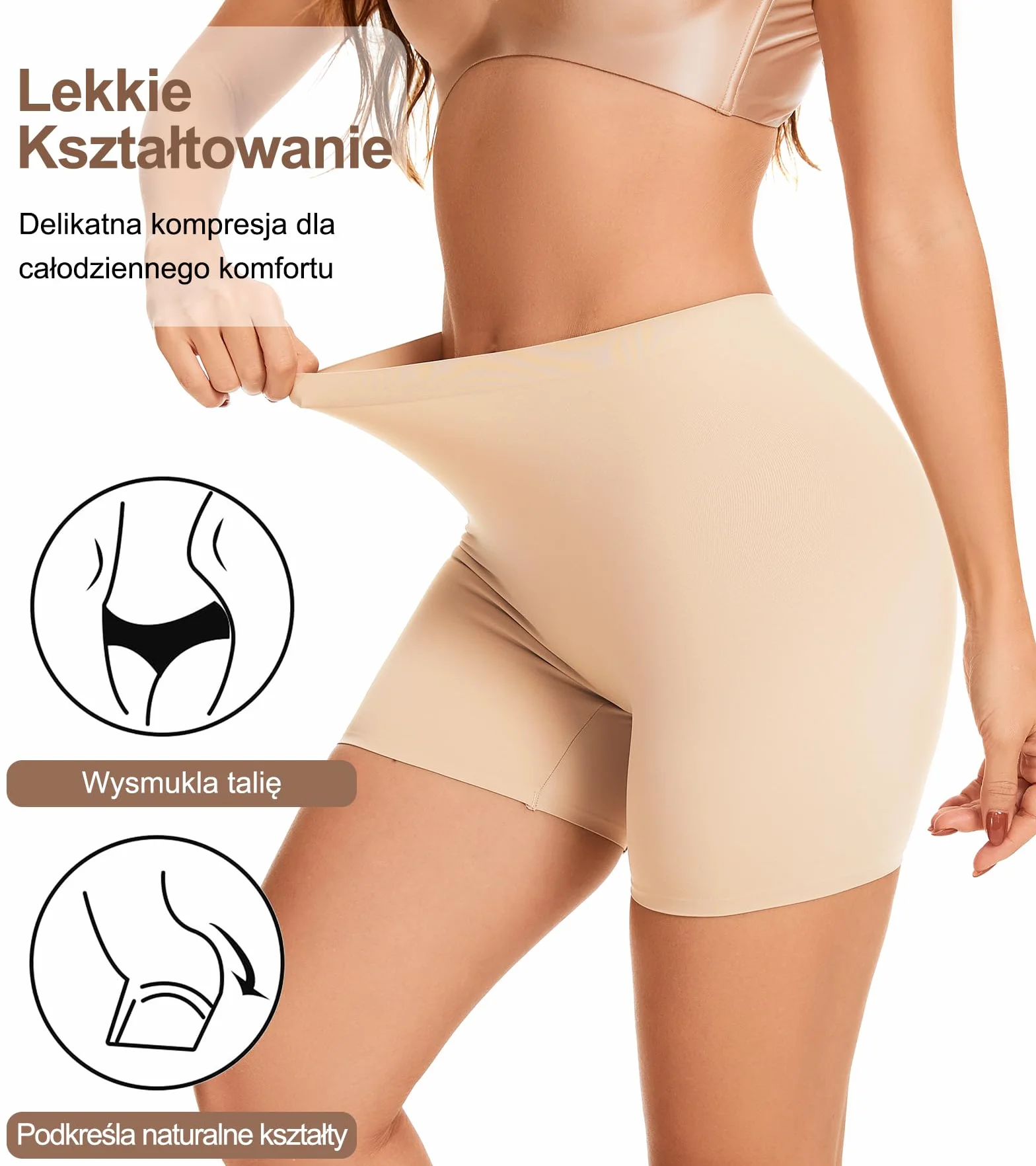 Damskie szorty bezszwowe wysokim stanem – majtki modelujące brzuch, oddychające i rozciągliwe bokserki, z bawełnianym klinem, skutecznie zapobiegają otarciom, pod spódnicę(92% poliester, 8% elastan)