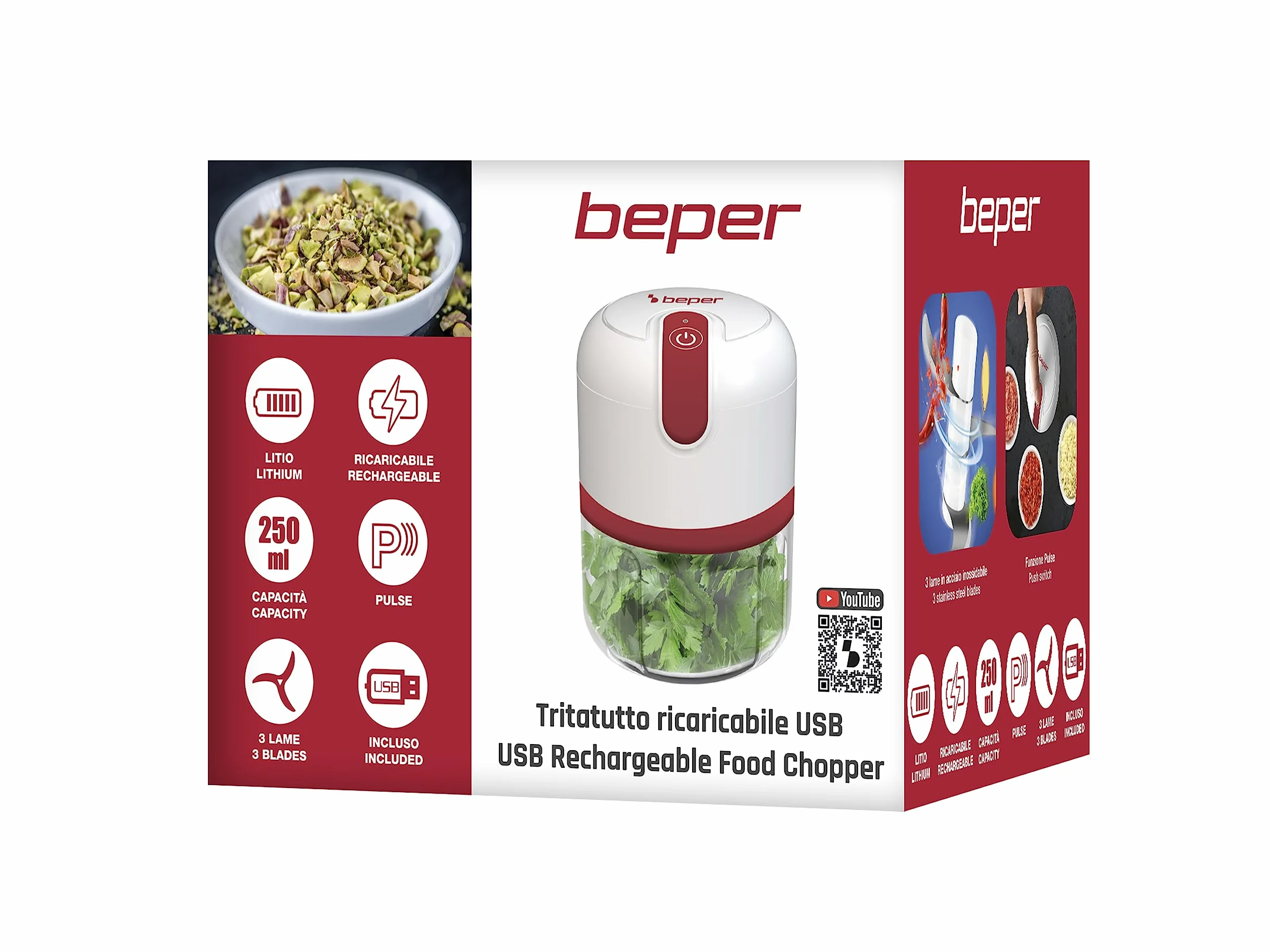 BEPER P102ROB050 Rozdrabniacz USB Mini Robot Kuchenny 250 ml 3,7 V Stal nierdzewna Czerwony Biały