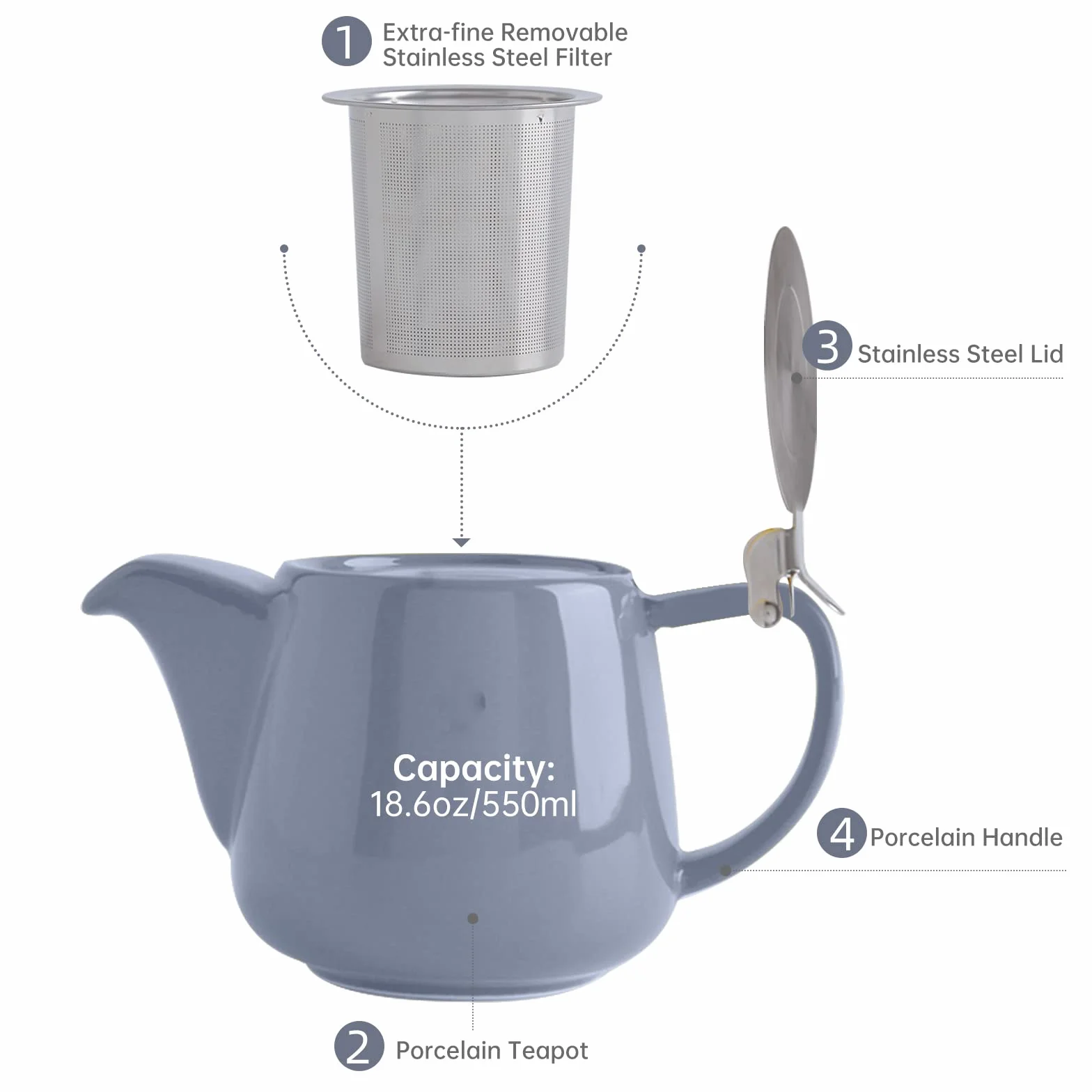 VIVILINEN Porcelanowy czajniczek z pokrywkami SLS i wyjmowanym zaparzaczem, 550ml/18,6oz ceramiczny czajniczek pień do kwitnącej i luźnej herbaty liściastej, szary