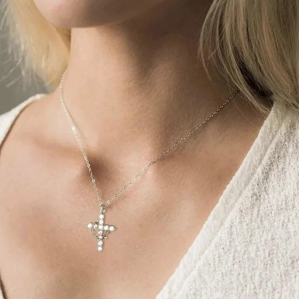 Hiscrown Cross & Crown Necklace, złoty Rotatable Crown Sideways Cross Necklace, Tiny Gold Jewelry