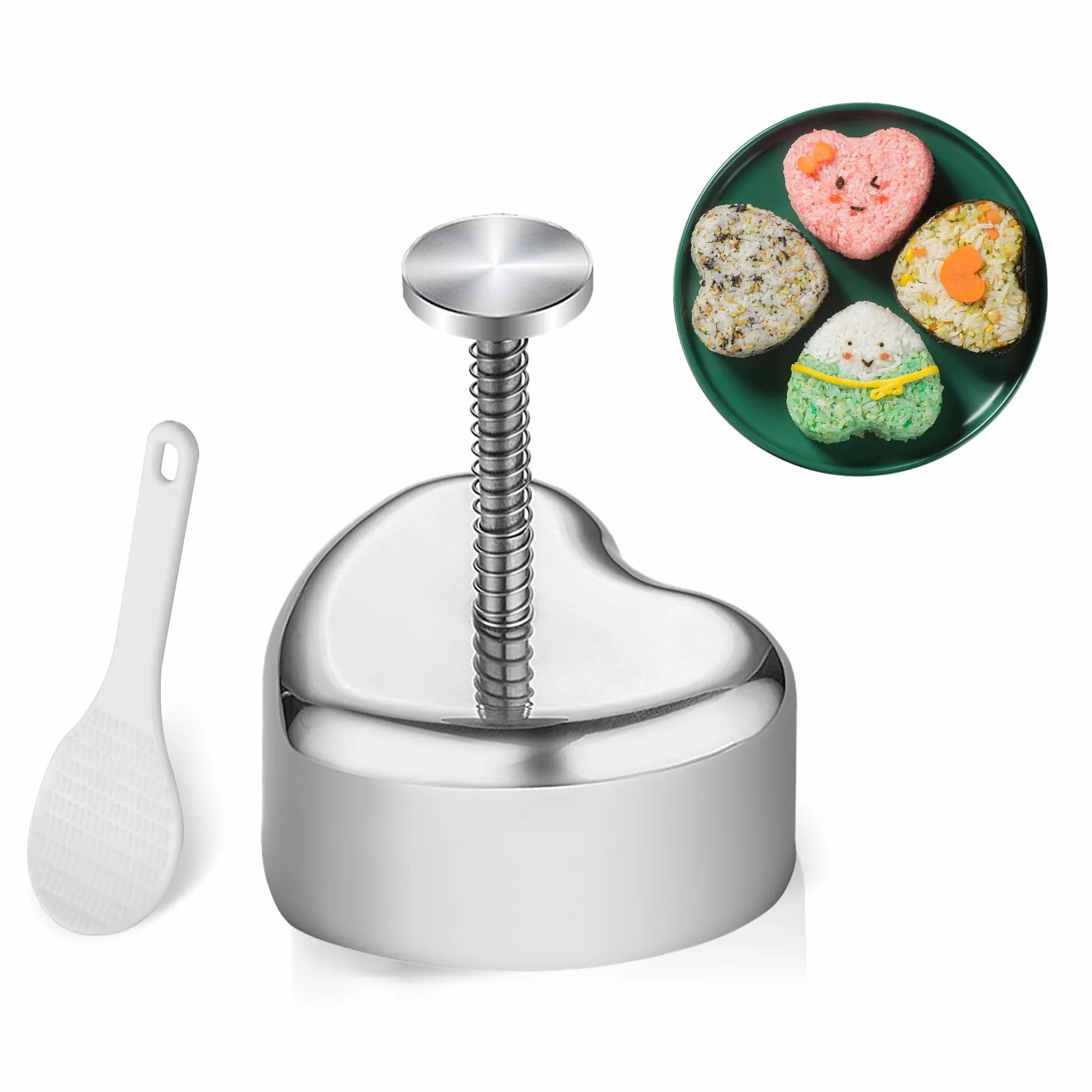 Onigiri foremka do sushi Maker Onigiri Mold, forma do sushi w kształcie serca, forma do robienia kulek ryżowych, stal nierdzewna Onigiri Maker forma do sushi i łyżka do ryżu do samodzielnego wykonania