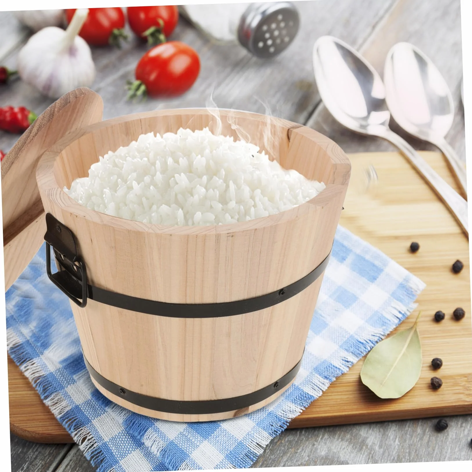 Mikinona Pojemnik Ryż Drewniany z Pokrywą Do Przechowywania Gotowanego Ryżu i Sushi