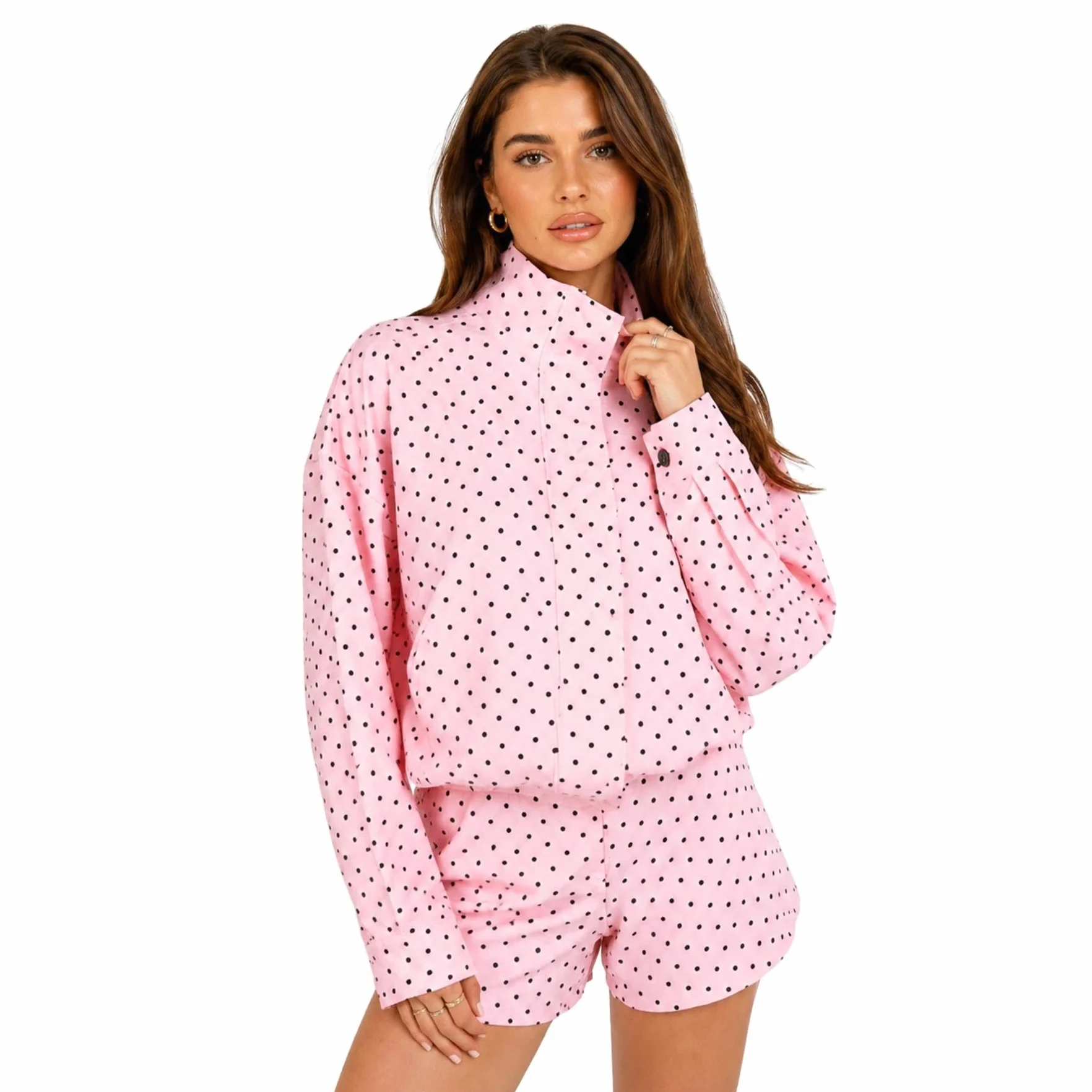 janisramone® Letni dres damski pełny zestaw, kurtka z wysokim dekoltem w kropki z pasującymi szortami damskie zestawy odzieży wypoczynkowej, zebrane rękawy mankietowe top i szorty dwuczęściowy strój