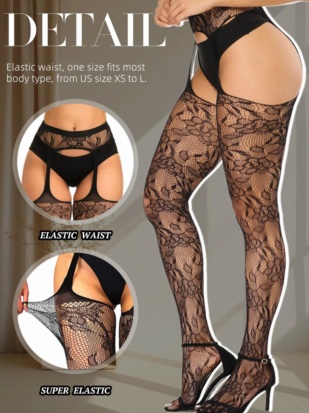 Buitifo Woman Thigh High Garter Stockings Patterned Tights Fishnet Pantyhose (Black ZHua,M)