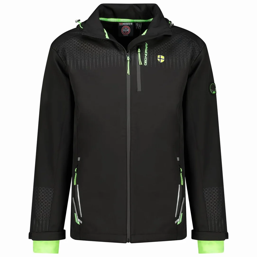 Geographical Norway Trelino Black-Green Db Men 0124 (WZ8556H/GN-Black/Green) męska kurtka outdoorowa softshell z kapturem, czarna, zamek błyskawiczny, wodoodporna i wiatroszczelna